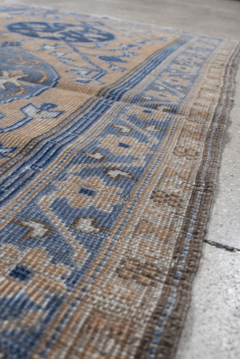 3' x 5' one-of-a-kind handmade vintage Caucasian small size rug. Color palette: beige, blue, ivory, slate, taupe, gray