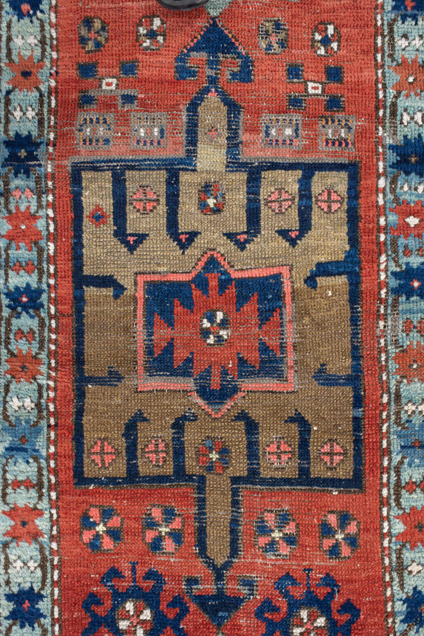 2' x 8' one-of-a-kind handmade vintage Heriz runner rug. Color palette: rust, navy, sky blue, ivory, camel, coral, charcoal