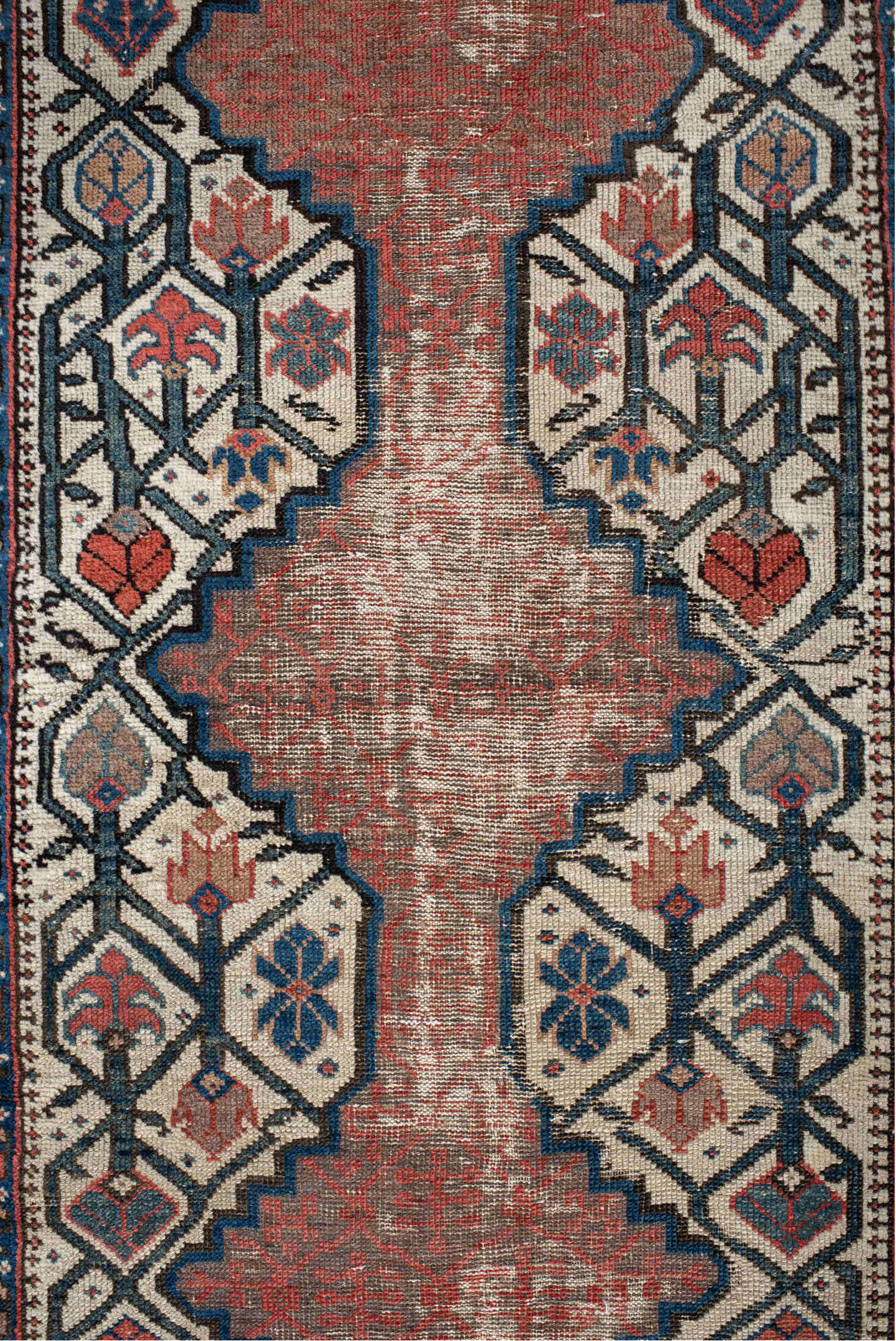 2' x 13' one-of-a-kind handmade vintage NW Persian runner rug. Color palette: ivory, rust, navy, terra cotta, indigo, camel