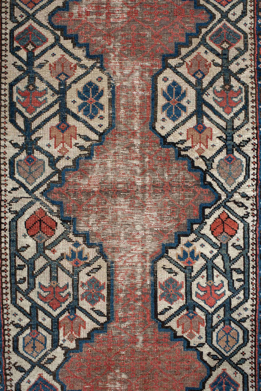 2' x 13' one-of-a-kind handmade vintage NW Persian runner rug. Color palette: ivory, rust, navy, terra cotta, indigo, camel