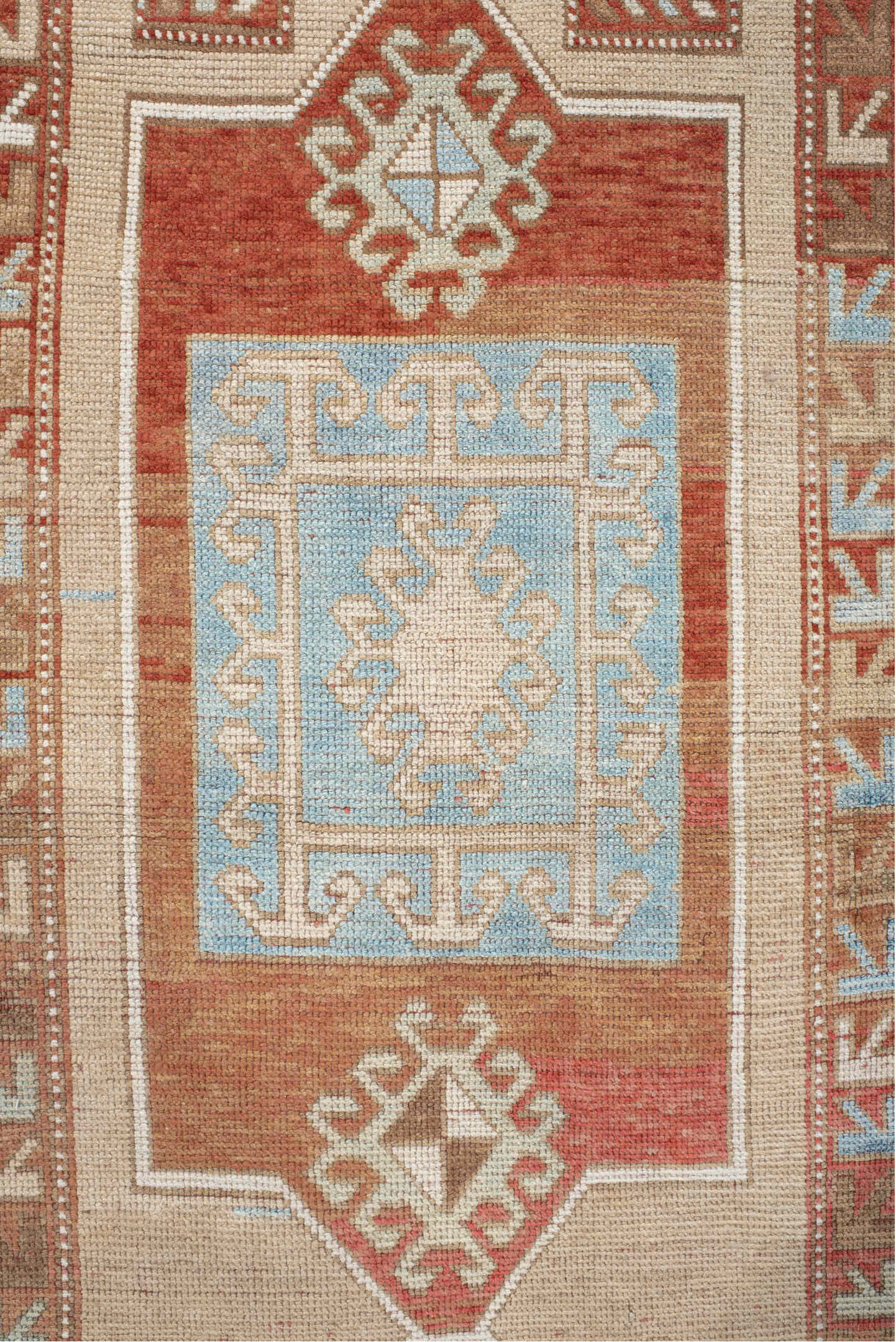 3' x 6' one-of-a-kind handmade vintage Caucasian small size rug. Color palette: bisque, brown, gray, light blue, light gray