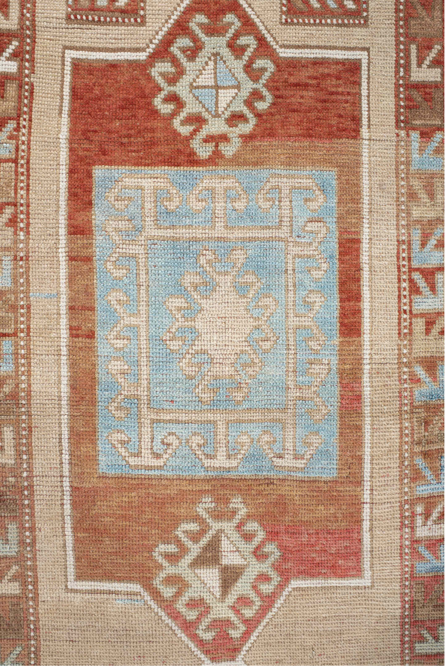3' x 6' one-of-a-kind handmade vintage Caucasian small size rug. Color palette: bisque, brown, gray, light blue, light gray