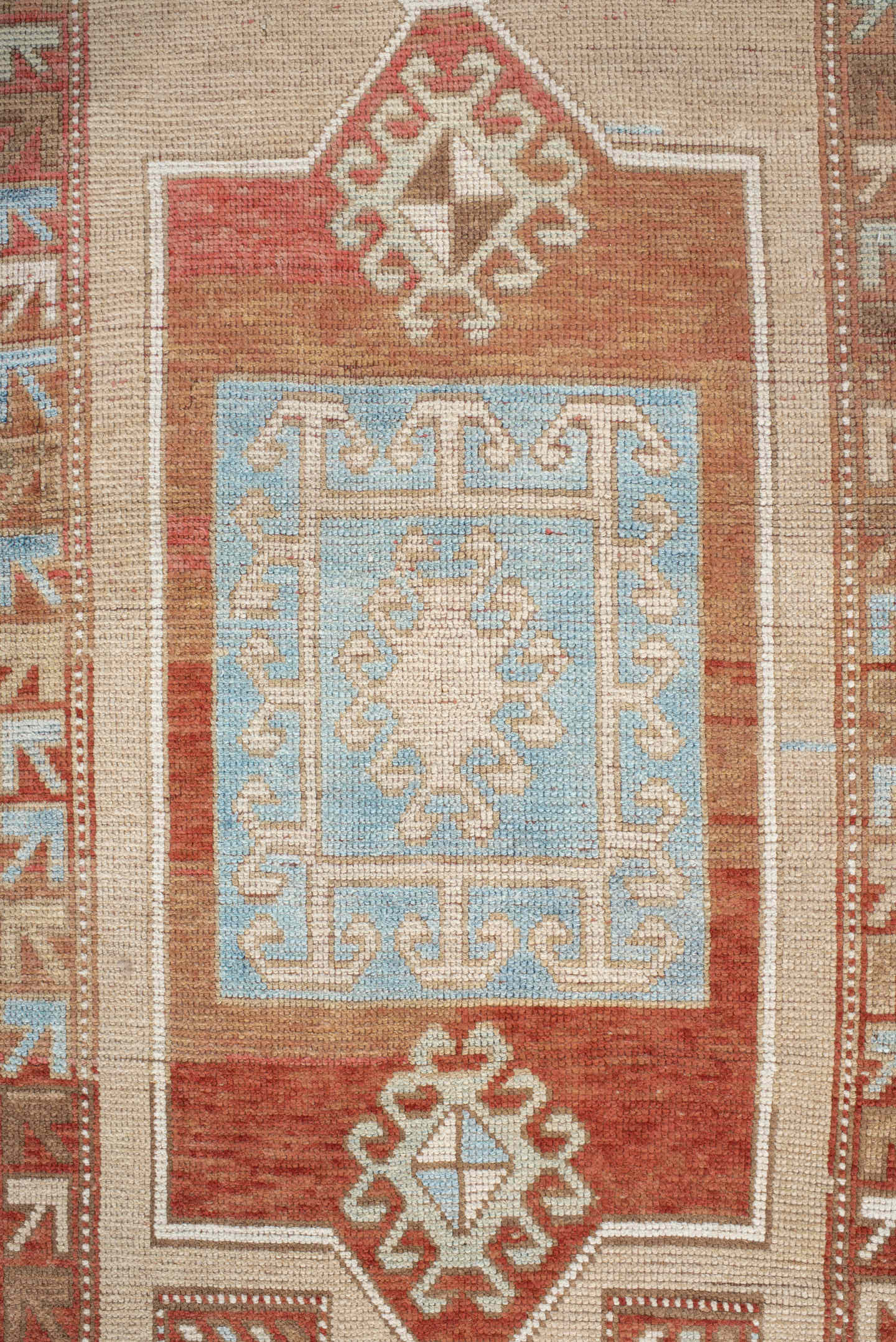 3' x 6' one-of-a-kind handmade vintage Caucasian small size rug. Color palette: ivory, rust, sky blue, camel, taupe