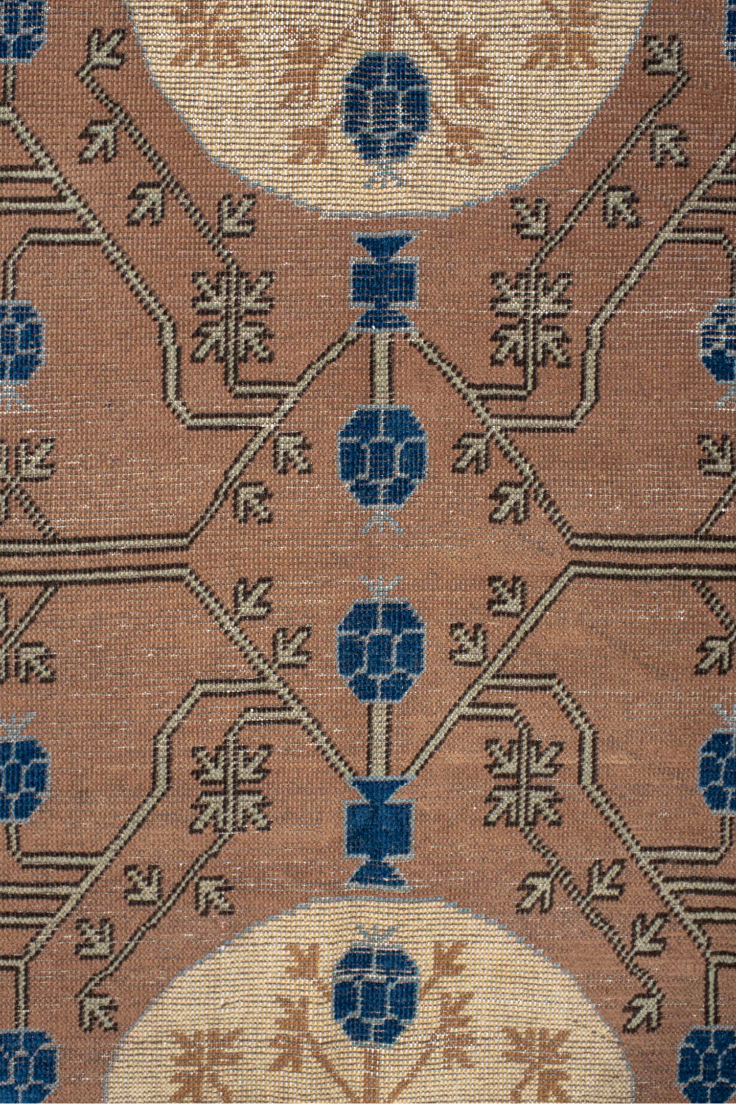 4' x 6' one-of-a-kind handmade vintage Khotan small size rug. Color palette: camel, ivory, indigo, taupe, brown, slate