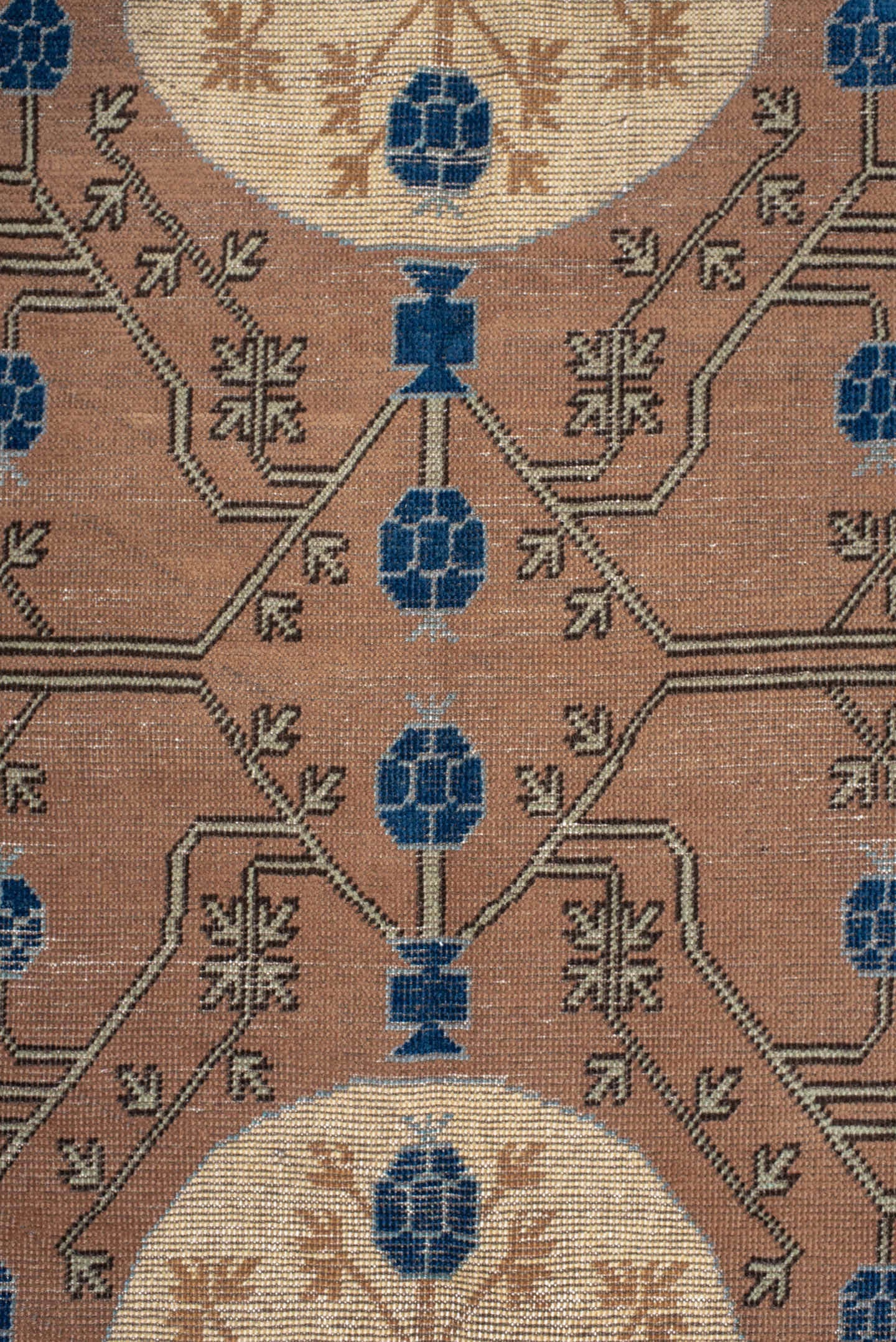 4' x 6' one-of-a-kind handmade vintage Khotan small size rug. Color palette: camel, ivory, indigo, taupe, brown, slate