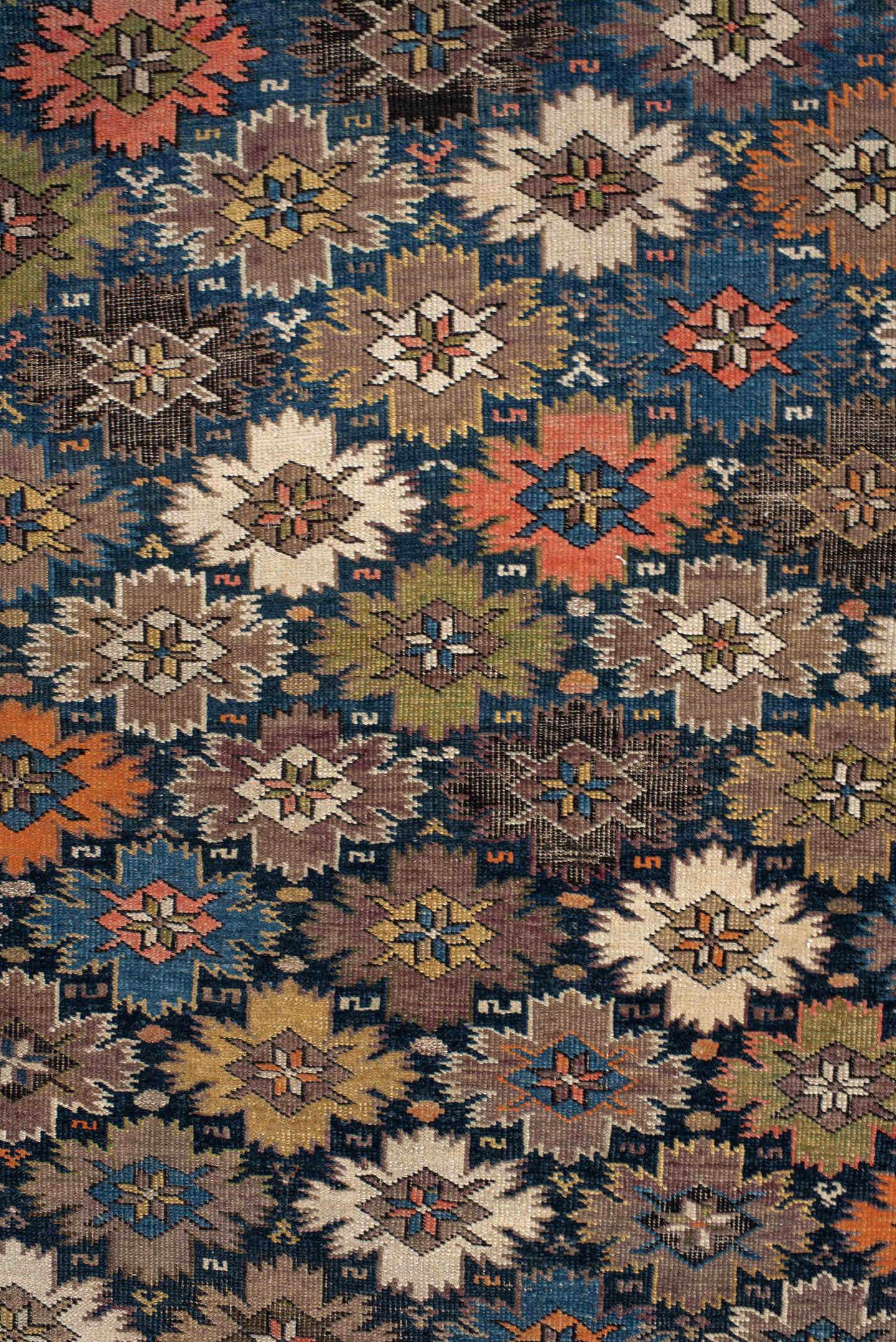 3' x 5' one-of-a-kind handmade vintage Shirvan small size rug. Color palette: brown, navy, ivory, taupe, rust, gold, sage