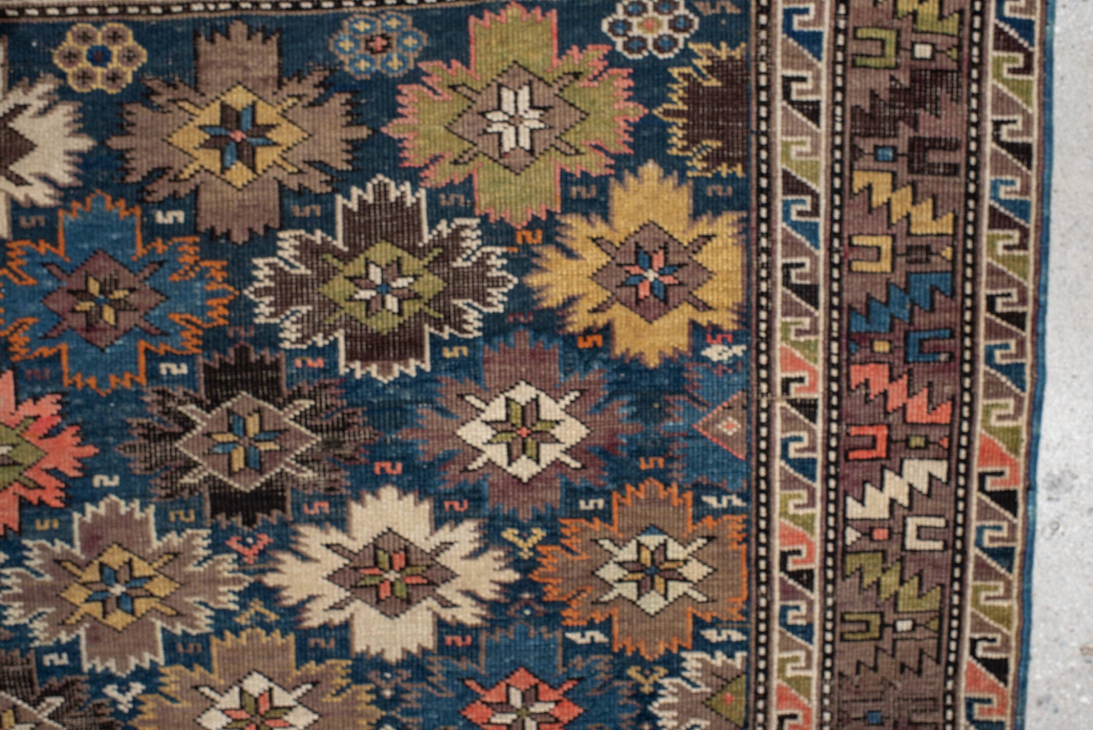 3' x 5' one-of-a-kind handmade vintage Shirvan small size rug. Color palette: brown, navy, ivory, taupe, rust, gold, sage
