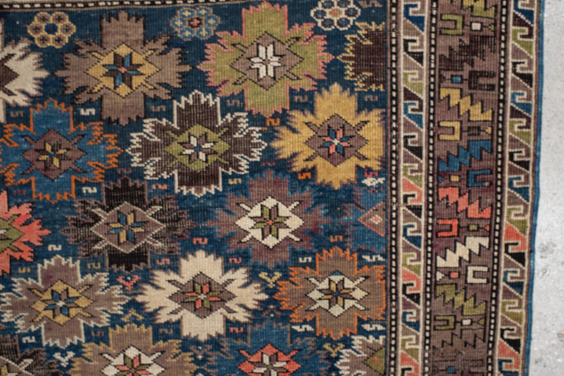 3' x 5' one-of-a-kind handmade vintage Shirvan small size rug. Color palette: brown, navy, ivory, taupe, rust, gold, sage