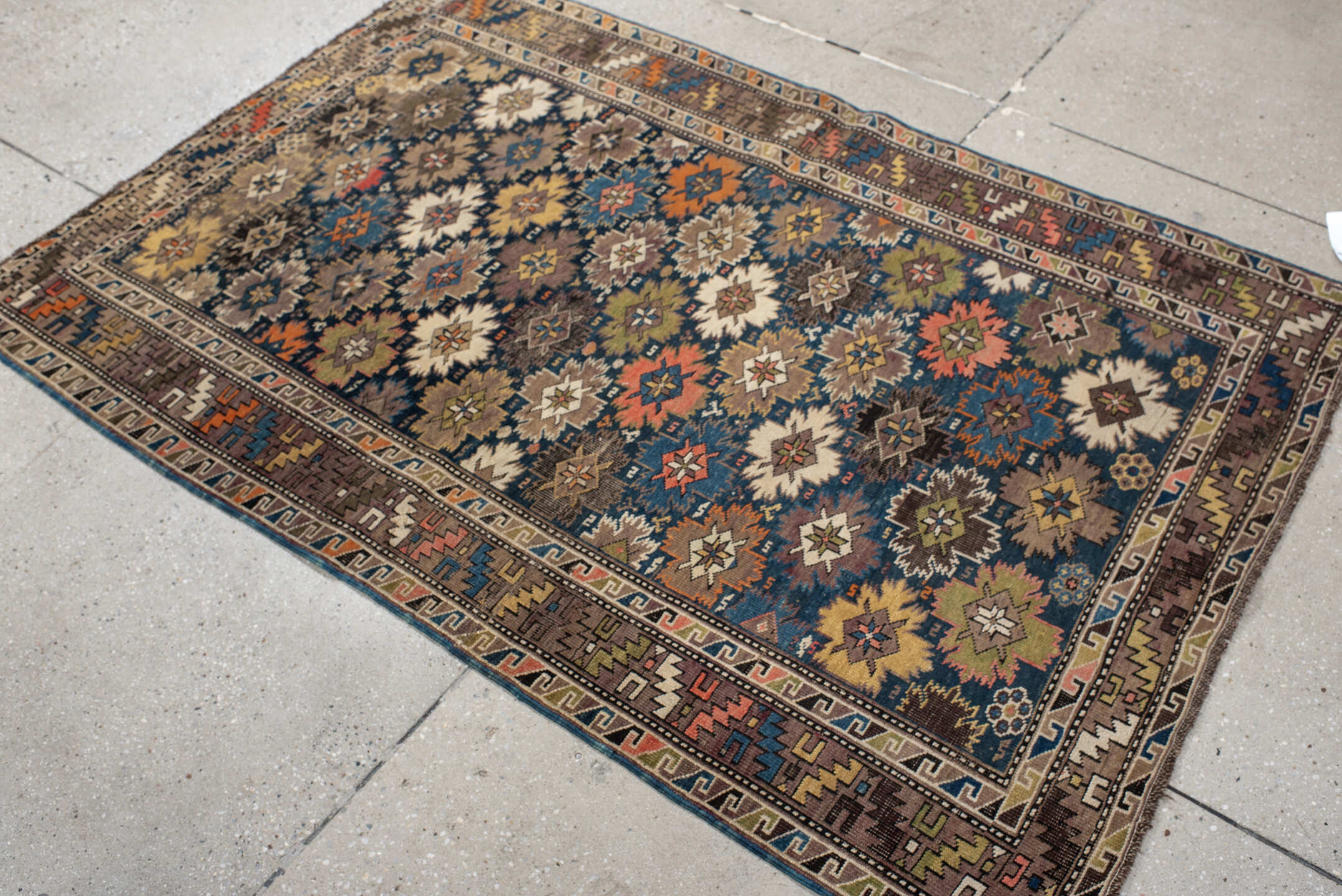 3' x 5' one-of-a-kind handmade vintage Shirvan small size rug. Color palette: brown, navy, ivory, taupe, rust, gold, sage