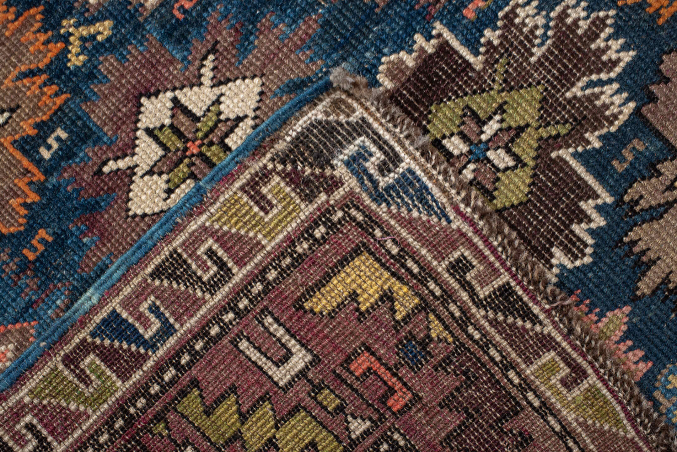 3' x 5' one-of-a-kind handmade vintage Shirvan small size rug. Color palette: brown, navy, ivory, taupe, rust, gold, sage