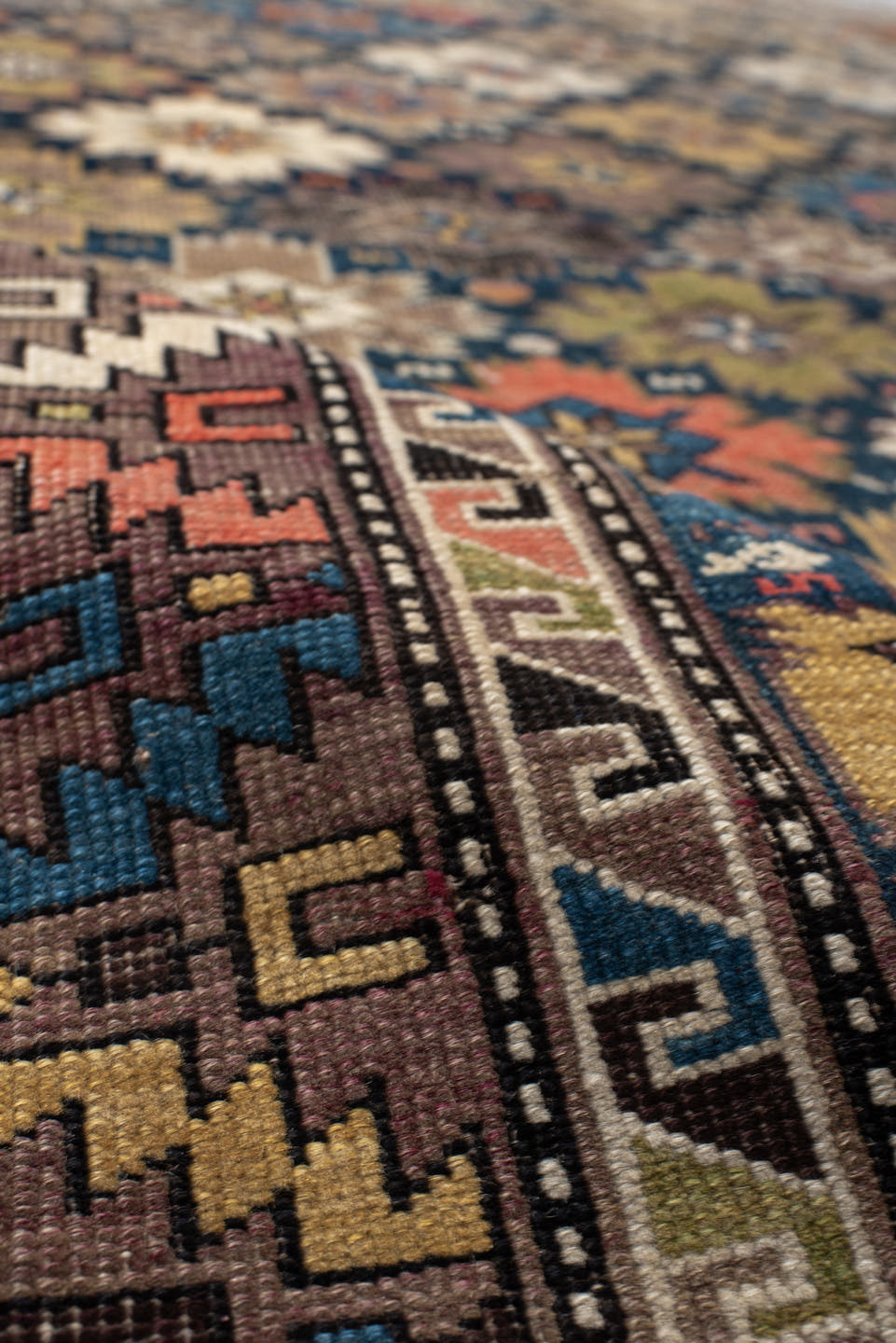 3' x 5' one-of-a-kind handmade vintage Shirvan small size rug. Color palette: brown, navy, ivory, taupe, rust, gold, sage