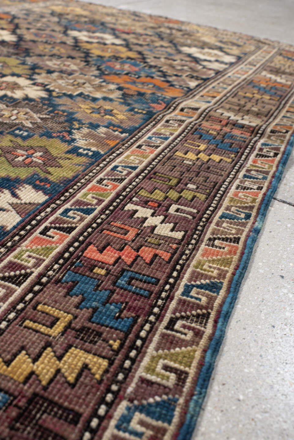 3' x 5' one-of-a-kind handmade vintage Shirvan small size rug. Color palette: brown, navy, ivory, taupe, rust, gold, sage