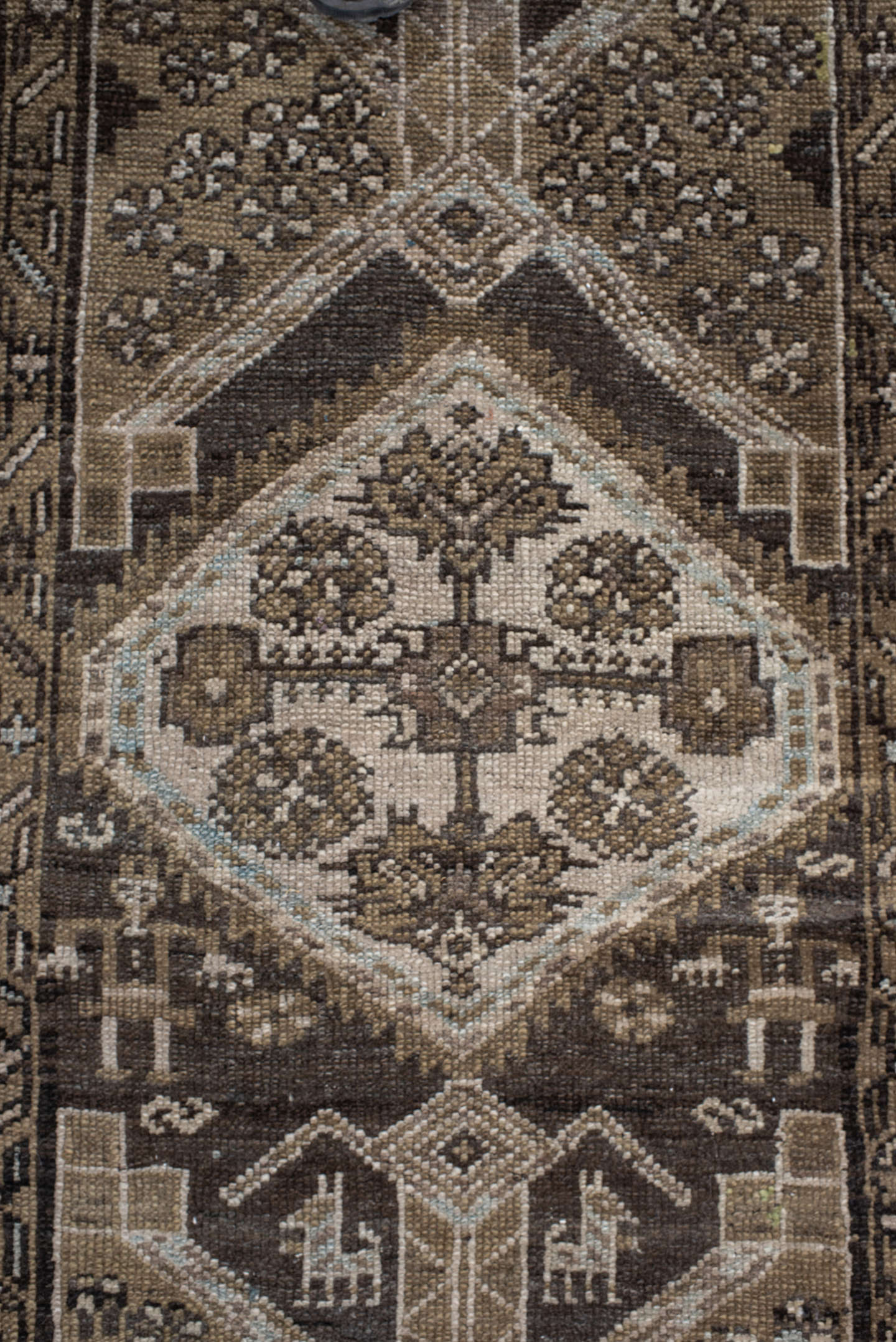 3' x 6' one-of-a-kind handmade antique Hamadan small size rug. Color palette: brown, ivory, taupe, charcoal, camel