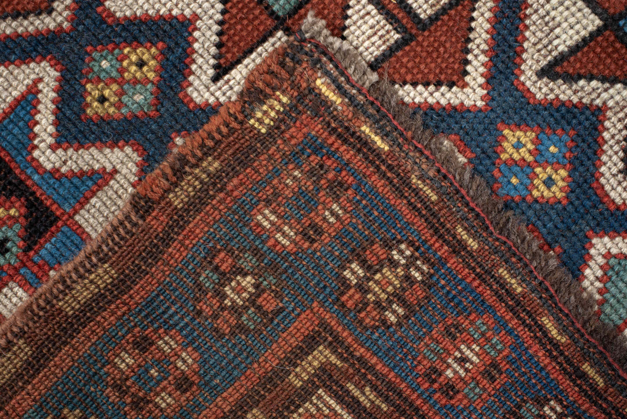 3' x 6' one-of-a-kind handmade vintage Kazak small size rug. Color palette: antiquewhite, arapawa, bisque, black