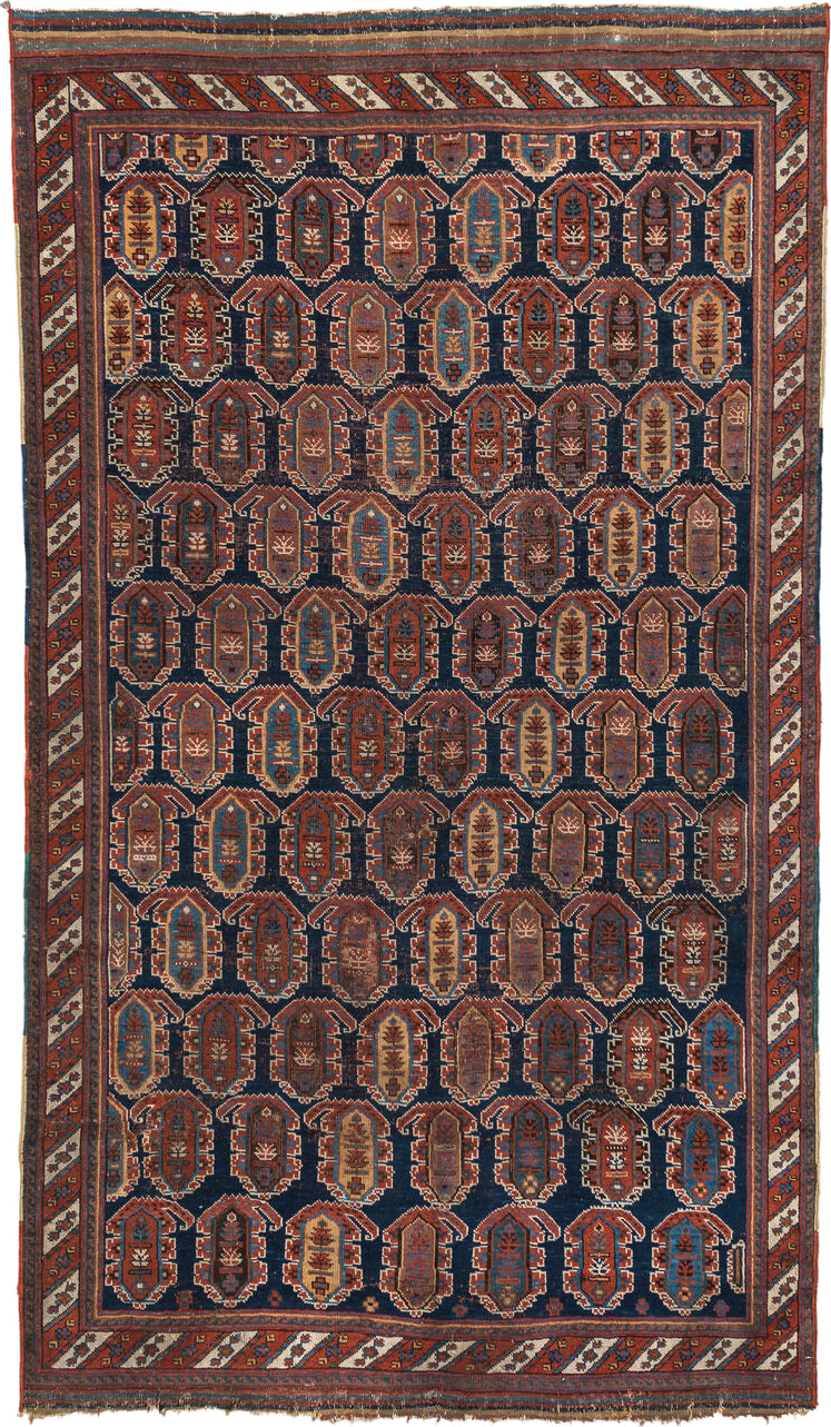 4' x 7' one-of-a-kind handmade vintage Afshar rug. Color palette: blue, brown, gray, light gray, off-white, orange, pink