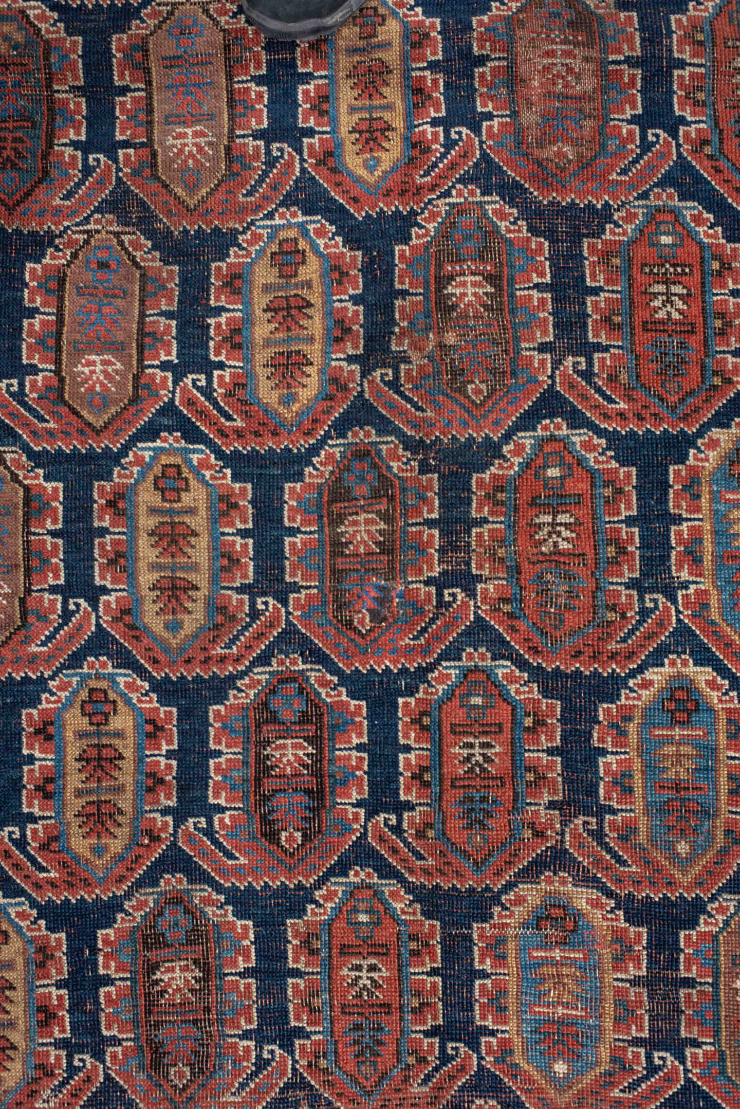 4' x 7' one-of-a-kind handmade vintage Afshar rug. Color palette: navy, rust, ivory, sky_blue, camel, slate, terracotta
