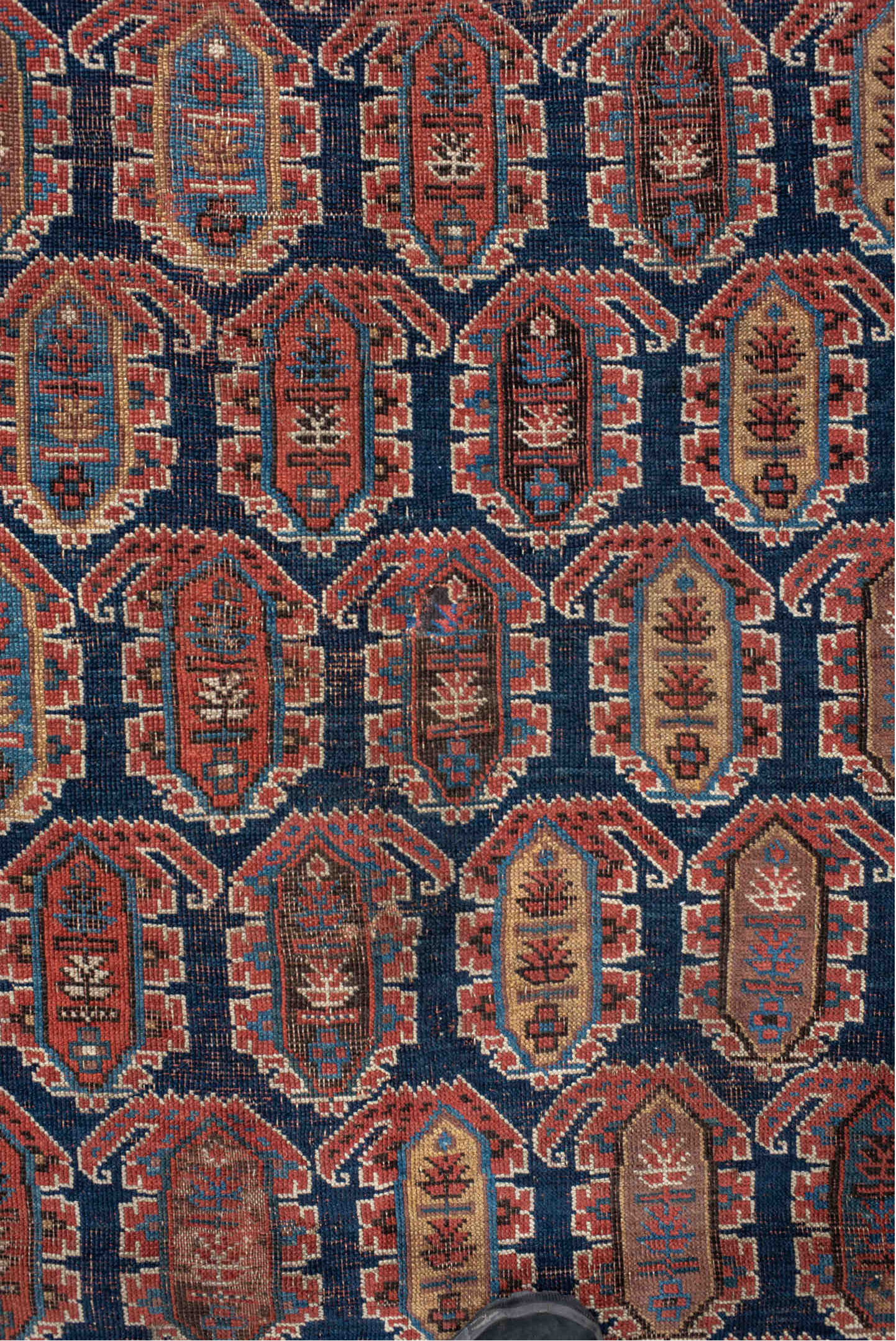 4' x 7' one-of-a-kind handmade vintage Afshar rug. Color palette: blue, brown, gray, light gray, off-white, orange, pink