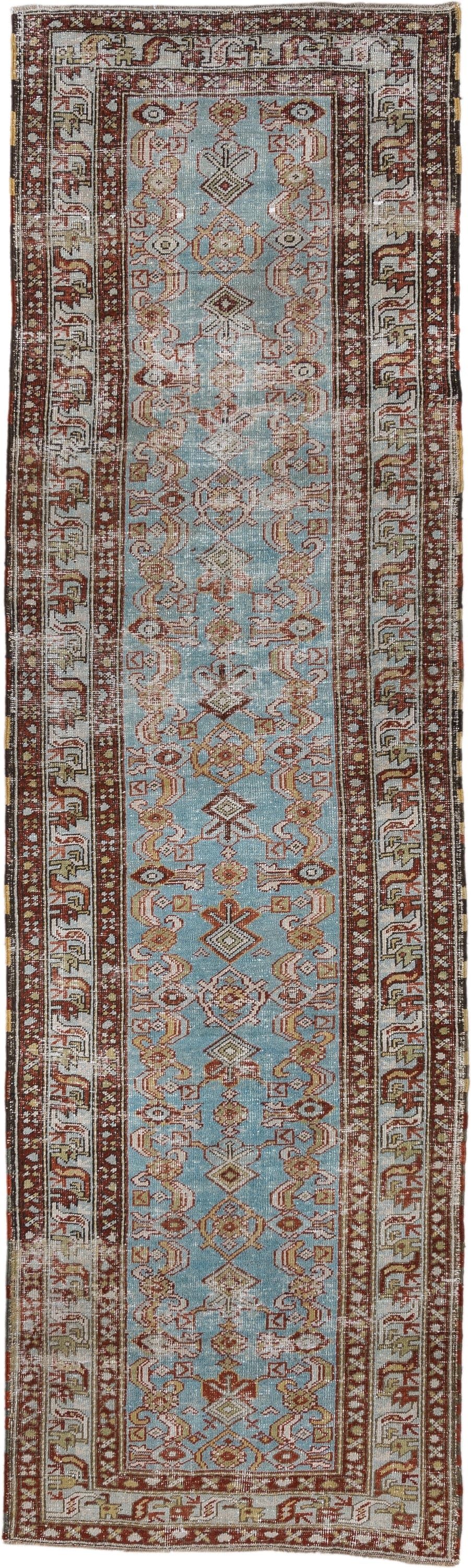 3' x 11' one-of-a-kind handmade vintage NW Persian runner rug. Color palette: sky blue, ivory, rust, brown, camel, taupe