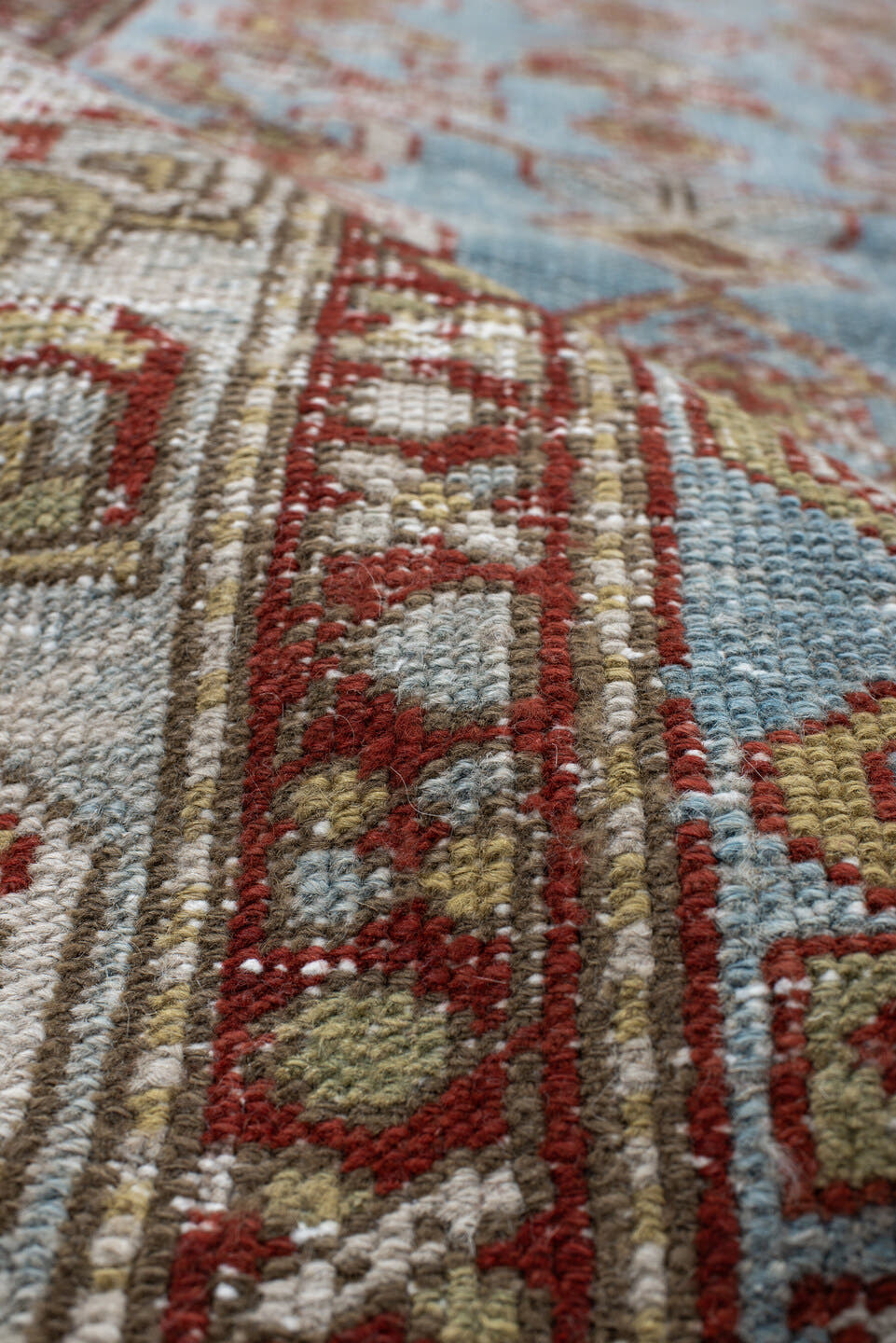 3' x 11' one-of-a-kind handmade vintage NW Persian runner rug. Color palette: sky blue, ivory, rust, brown, camel, taupe
