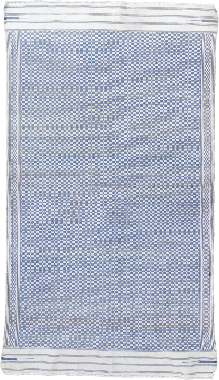 3' x 5' one-of-a-kind handmade vintage Dhurrie small size rug. Color palette: ivory, blue