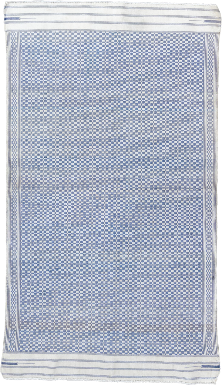 3' x 5' one-of-a-kind handmade vintage Dhurrie small size rug. Color palette: ivory, blue