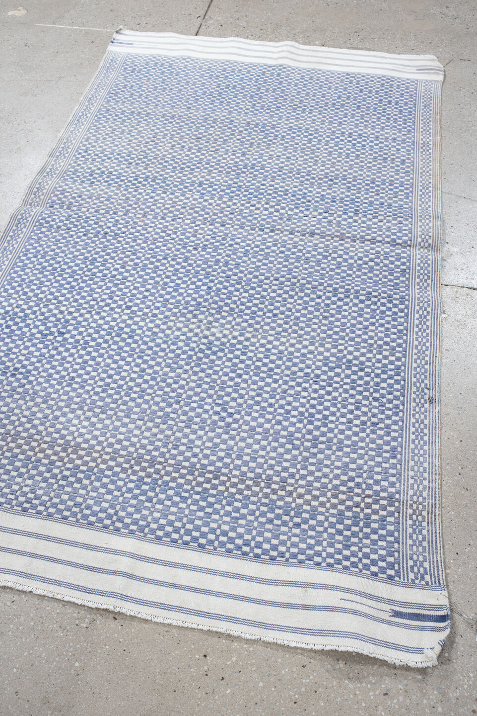 3' x 5' one-of-a-kind handmade vintage Dhurrie small size rug. Color palette: gray, light gray, pink, light blue, blue