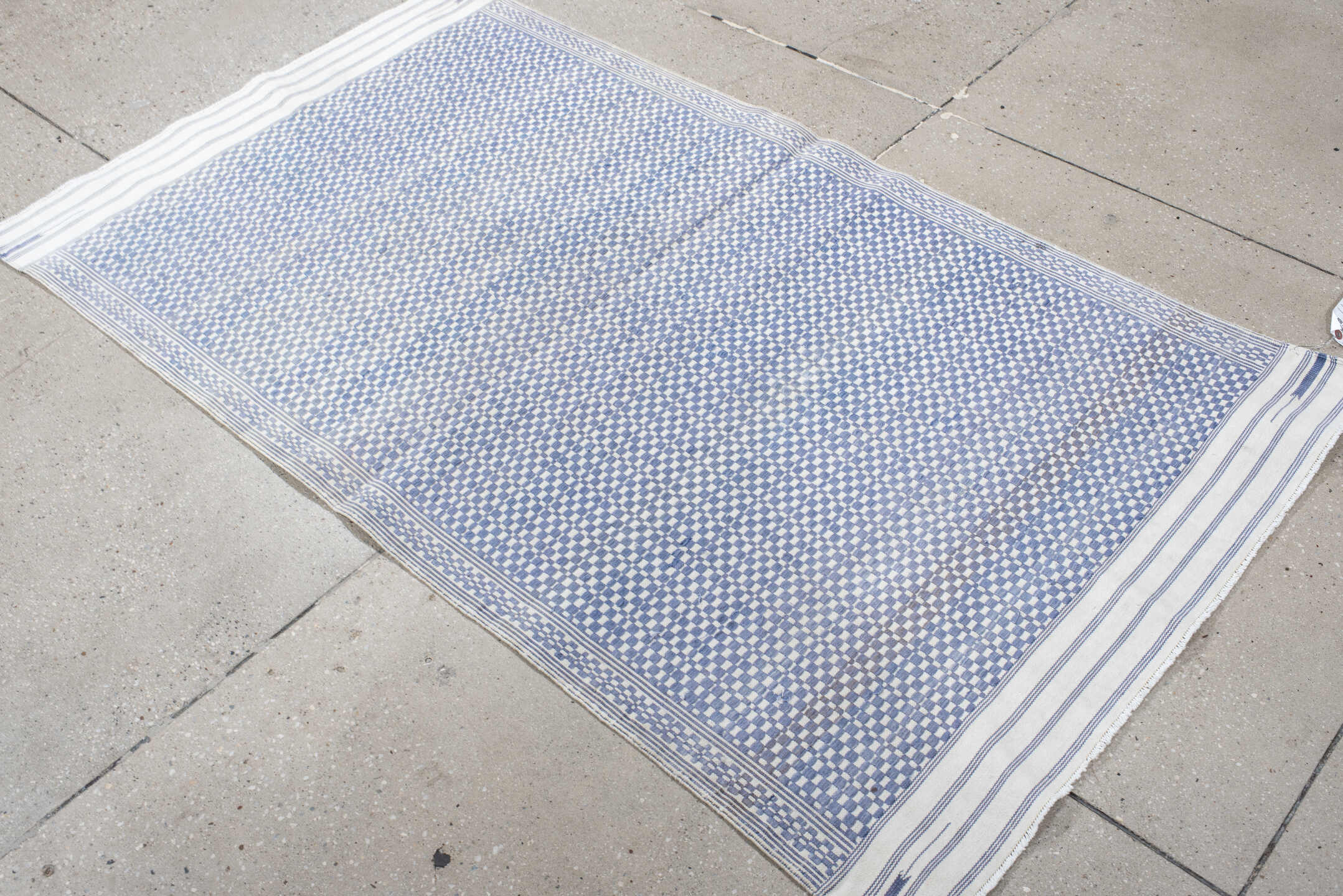 3' x 5' one-of-a-kind handmade vintage Dhurrie small size rug. Color palette: ivory, blue