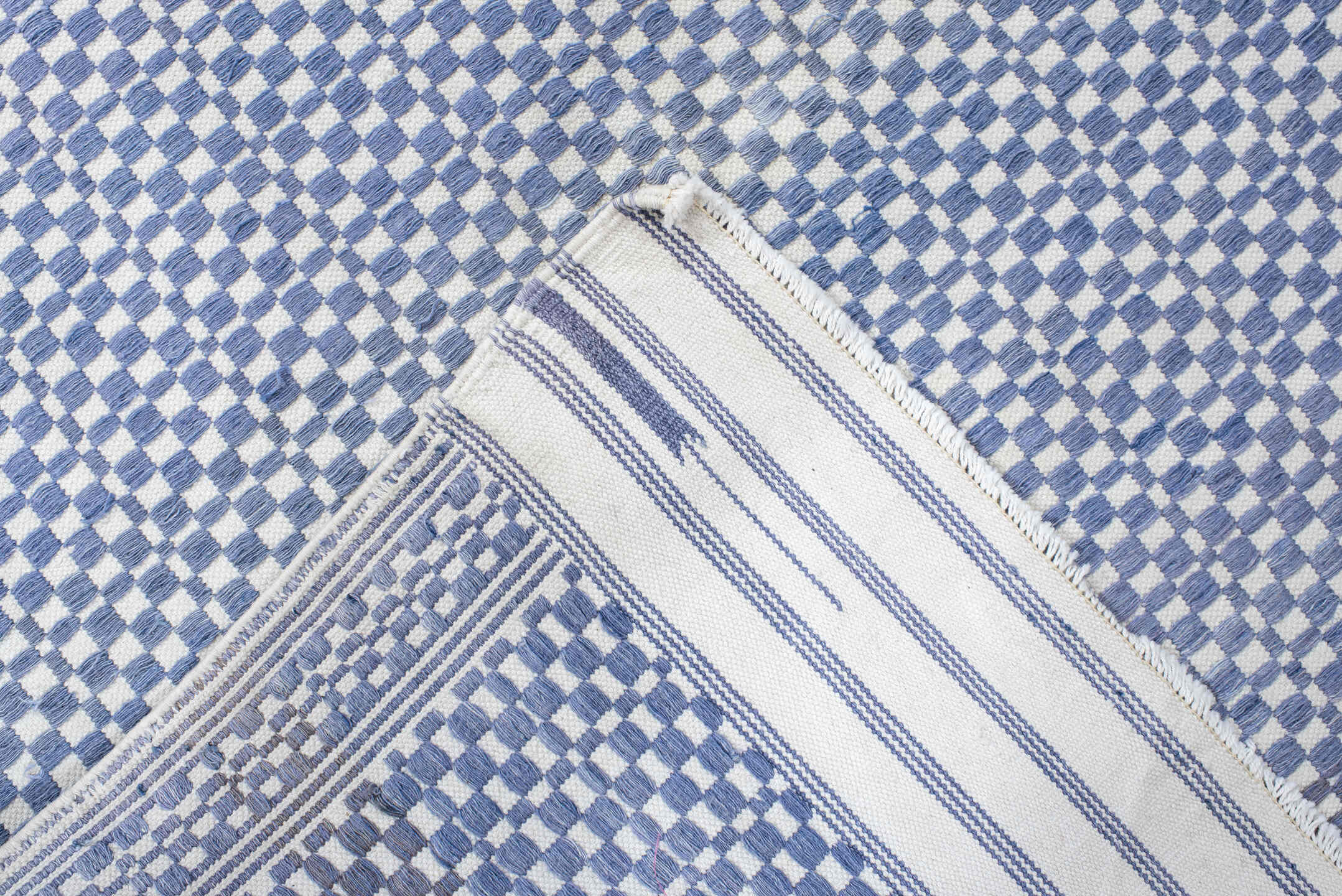 3' x 5' one-of-a-kind handmade vintage Dhurrie small size rug. Color palette: ivory, blue