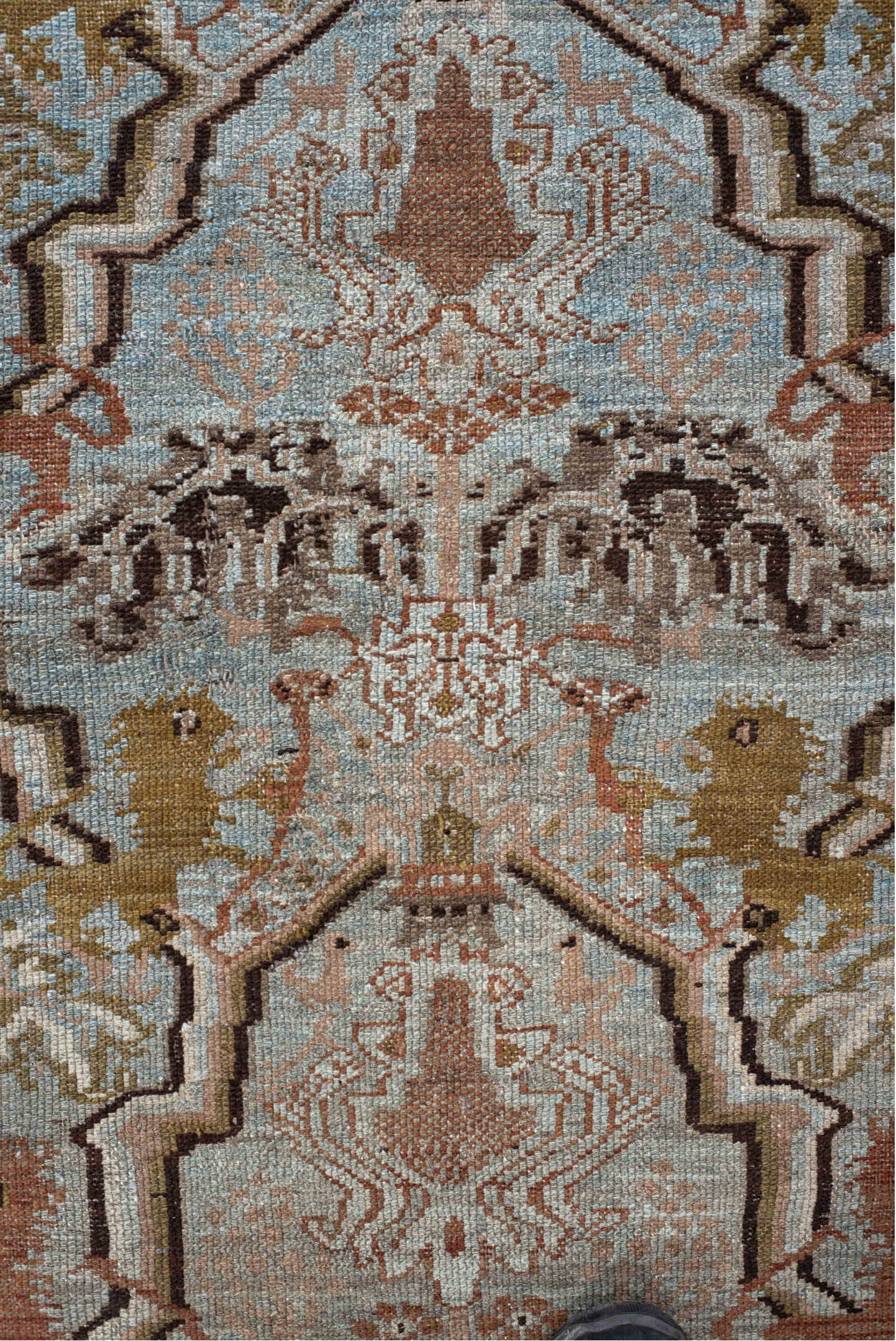 3' x 6' one-of-a-kind handmade vintage Malayer small size rug. Color palette: black, brown, green, light blue, off-white