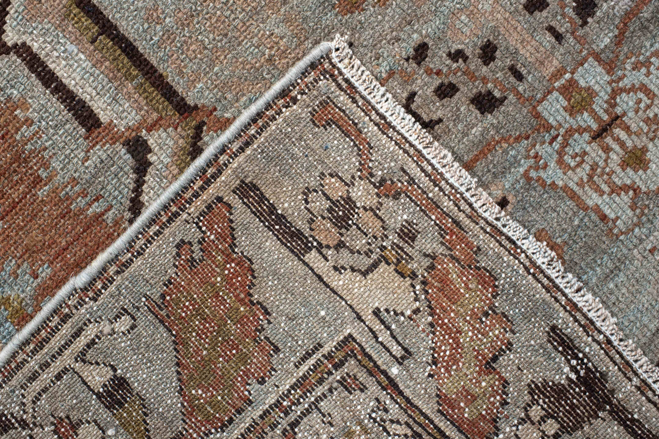 3' x 6' one-of-a-kind handmade vintage Malayer small size rug. Color palette: pale blue, ivory, rust, brown, olive, taupe