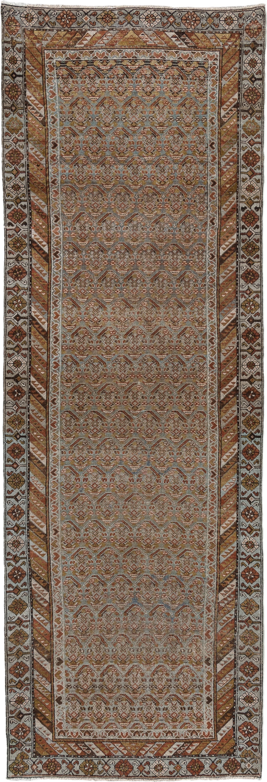 3' x 10' one-of-a-kind handmade vintage Malayer runner rug. Color palette: taupe, rust, ivory, muted blue, camel, brown
