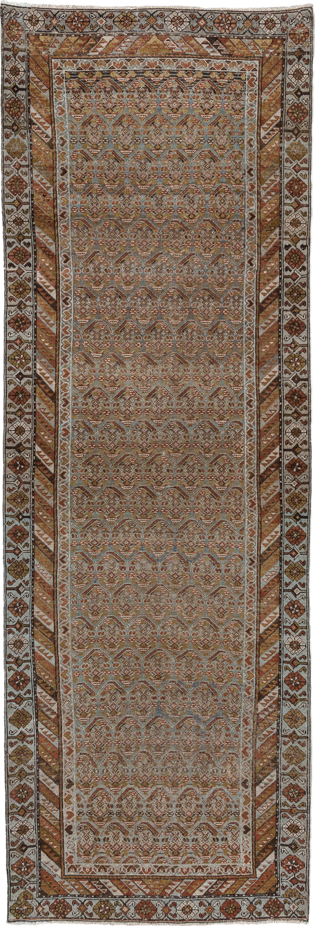 3' x 10' one-of-a-kind handmade vintage Malayer runner rug. Color palette: brown, dark gray, gray, light gray, off-white