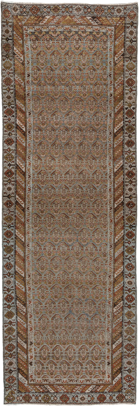 3' x 10' one-of-a-kind handmade vintage Malayer runner rug. Color palette: taupe, rust, ivory, muted blue, camel, brown