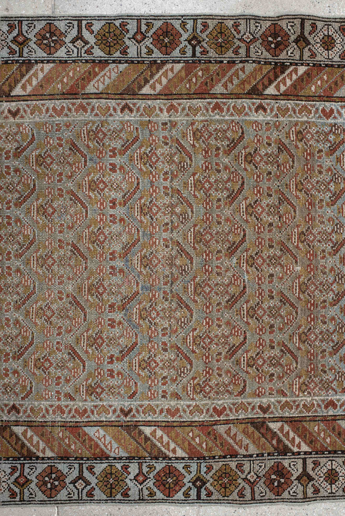 3' x 10' one-of-a-kind handmade vintage Malayer runner rug. Color palette: taupe, rust, ivory, muted blue, camel, brown