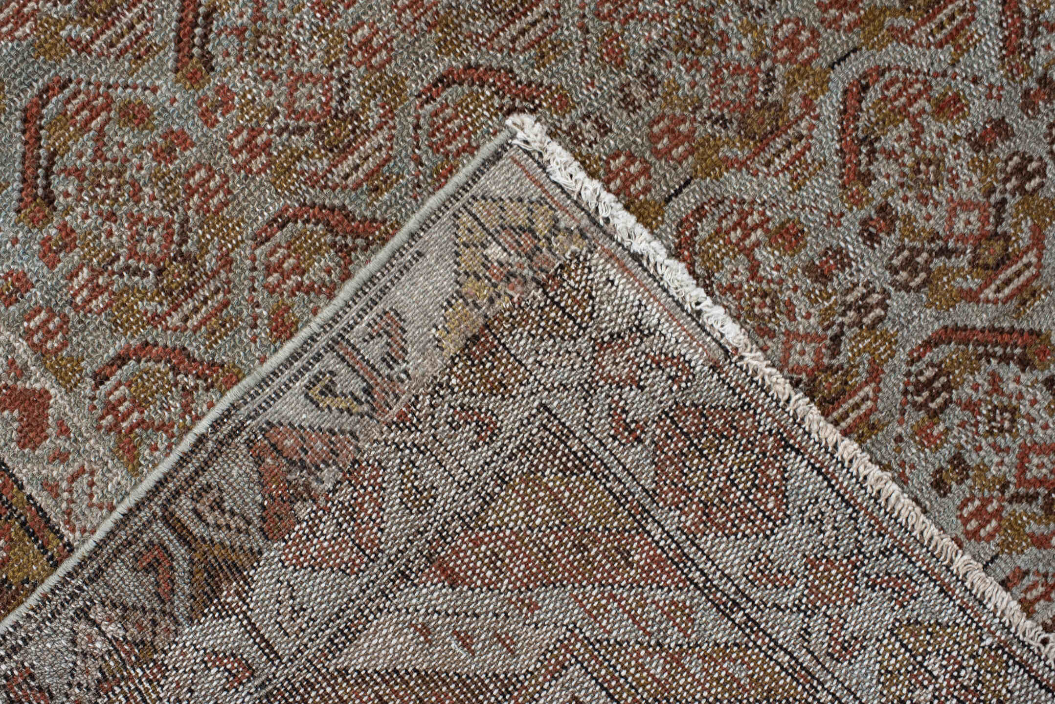 3' x 10' one-of-a-kind handmade vintage Malayer runner rug. Color palette: taupe, rust, ivory, muted blue, camel, brown