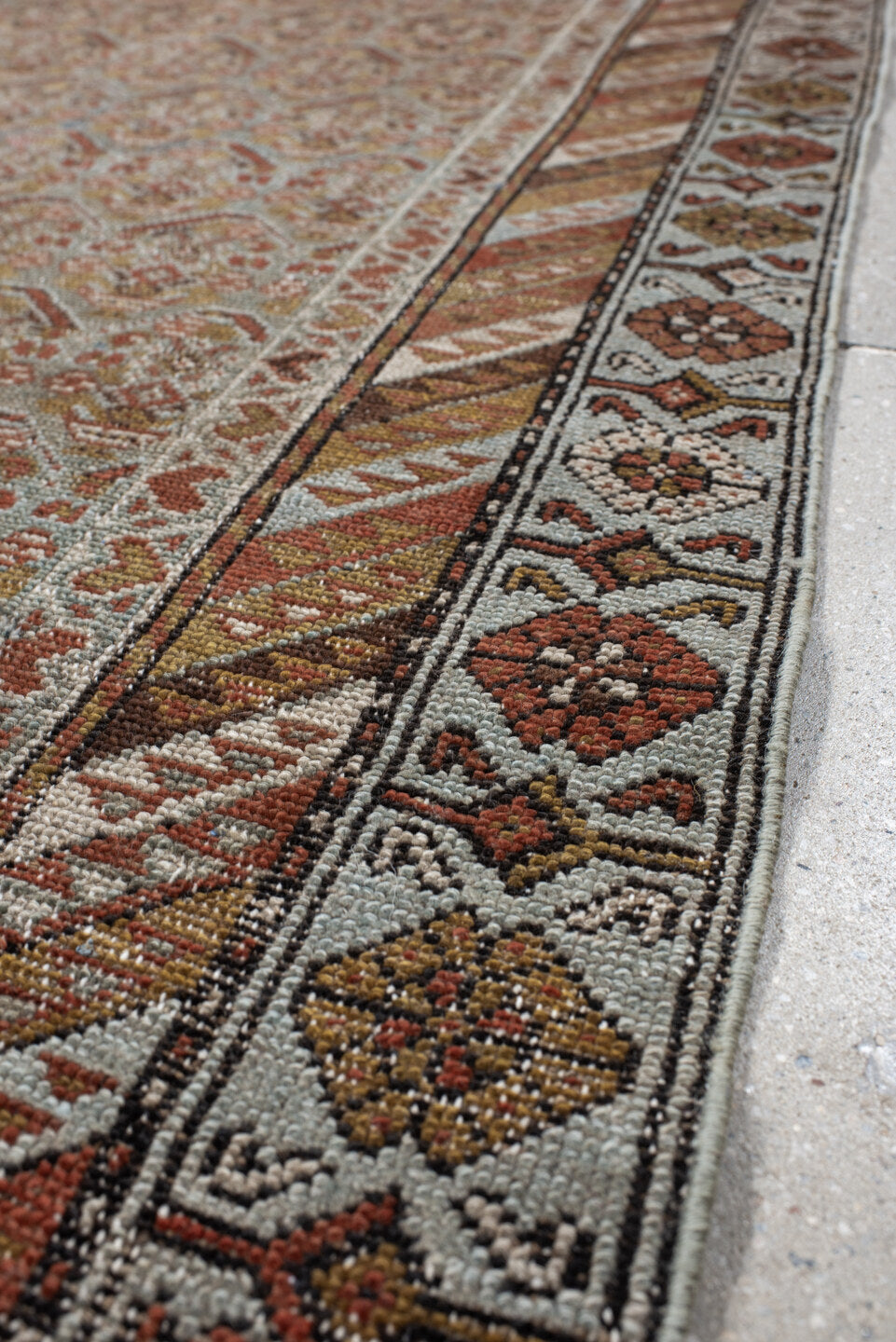 3' x 10' one-of-a-kind handmade vintage Malayer runner rug. Color palette: taupe, rust, ivory, muted blue, camel, brown