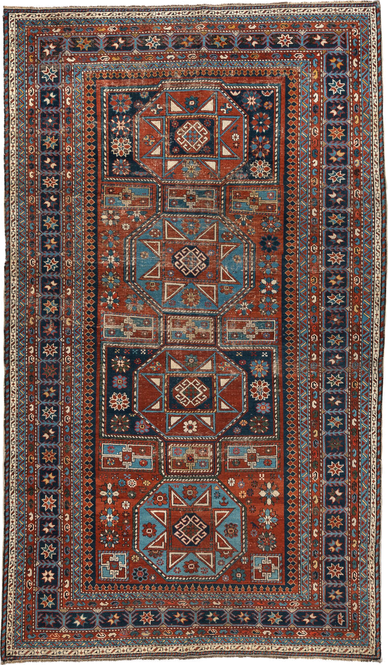 4' x 8' one-of-a-kind handmade vintage Shirvan rug. Color palette: antiquewhite, bisque, blanched almond, blue, brown