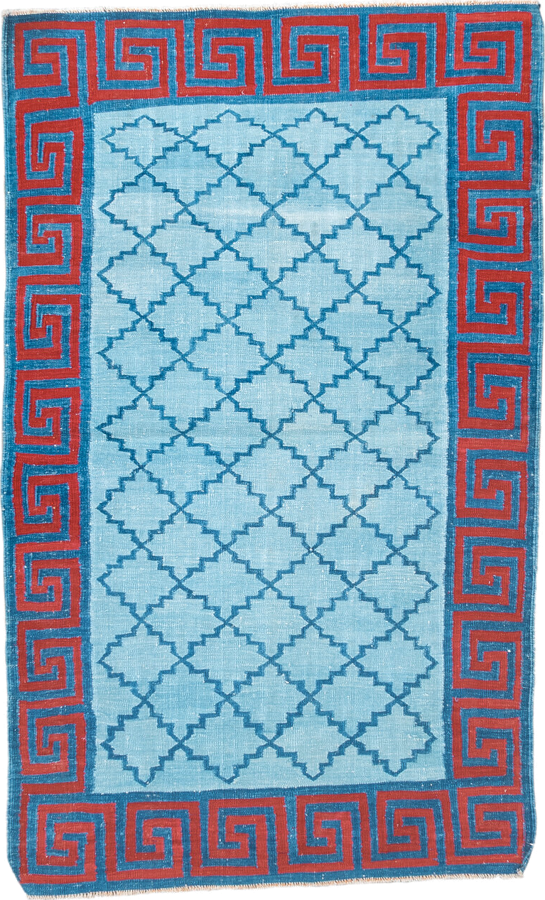 3' x 5' one-of-a-kind handmade vintage Dhurrie small size rug. Color palette: light blue, turquoise, rust, sky blue, teal
