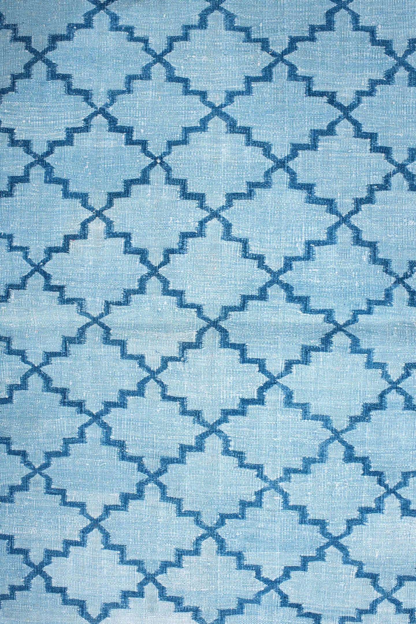 3' x 5' one-of-a-kind handmade vintage Dhurrie small size rug. Color palette: light blue, turquoise, rust, sky blue, teal