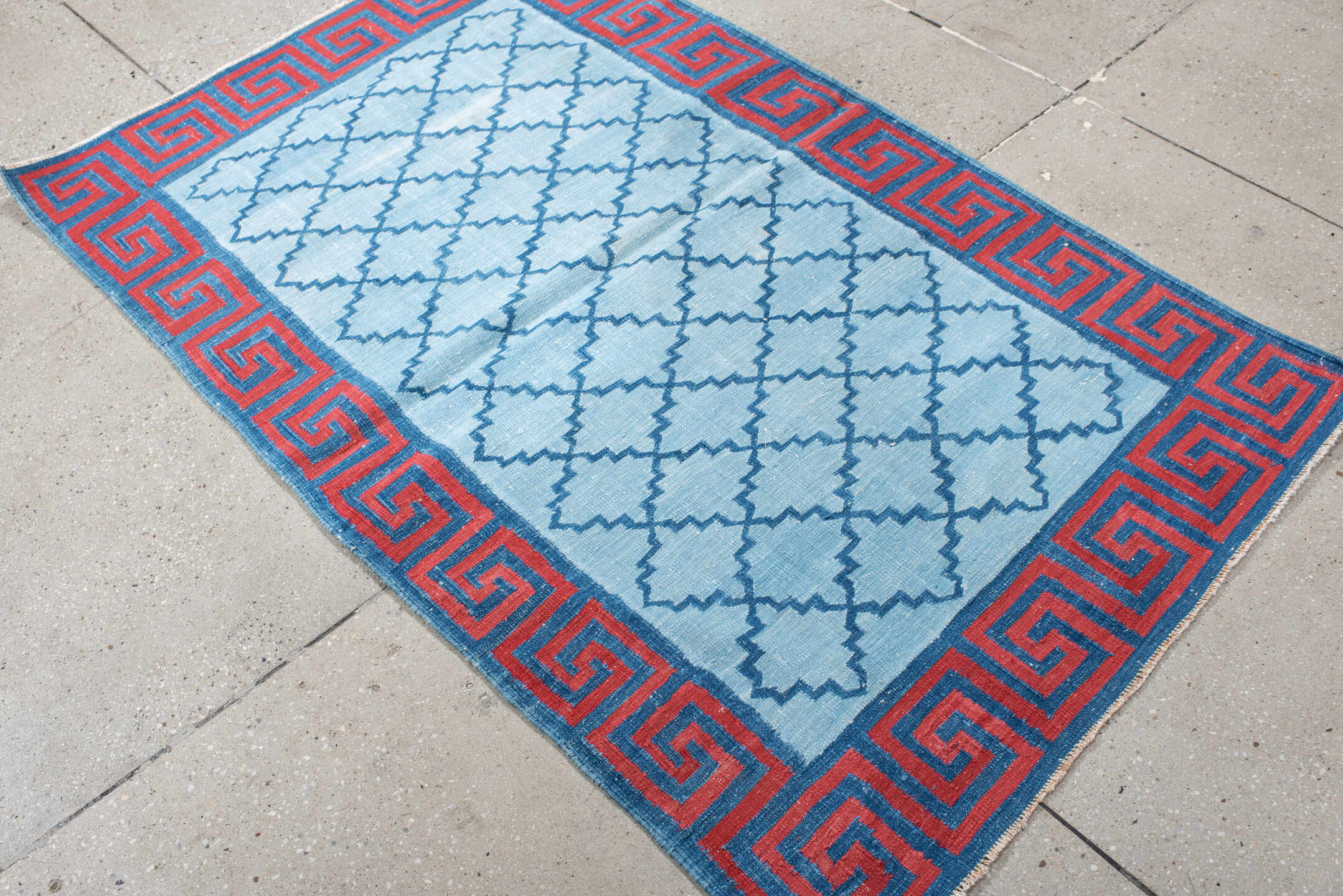 3' x 5' one-of-a-kind handmade vintage Dhurrie small size rug. Color palette: light blue, turquoise, rust, sky blue, teal