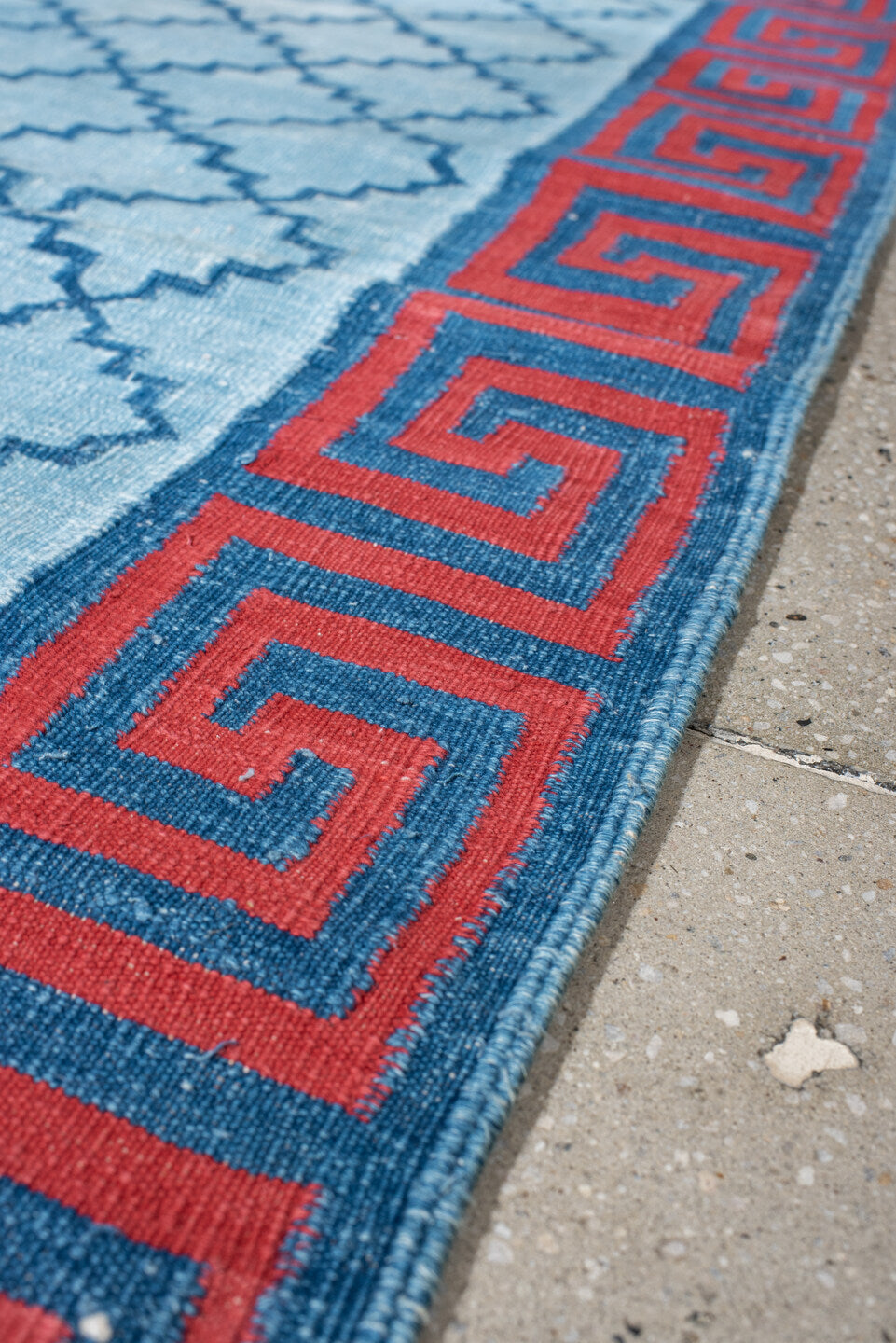 3' x 5' one-of-a-kind handmade vintage Dhurrie small size rug. Color palette: light blue, turquoise, rust, sky blue, teal