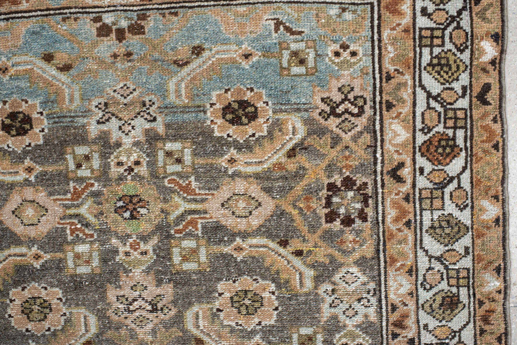 3' x 4' one-of-a-kind handmade vintage Malayer small size rug. Color palette: taupe, camel, ivory, pale_blue, brown, sage