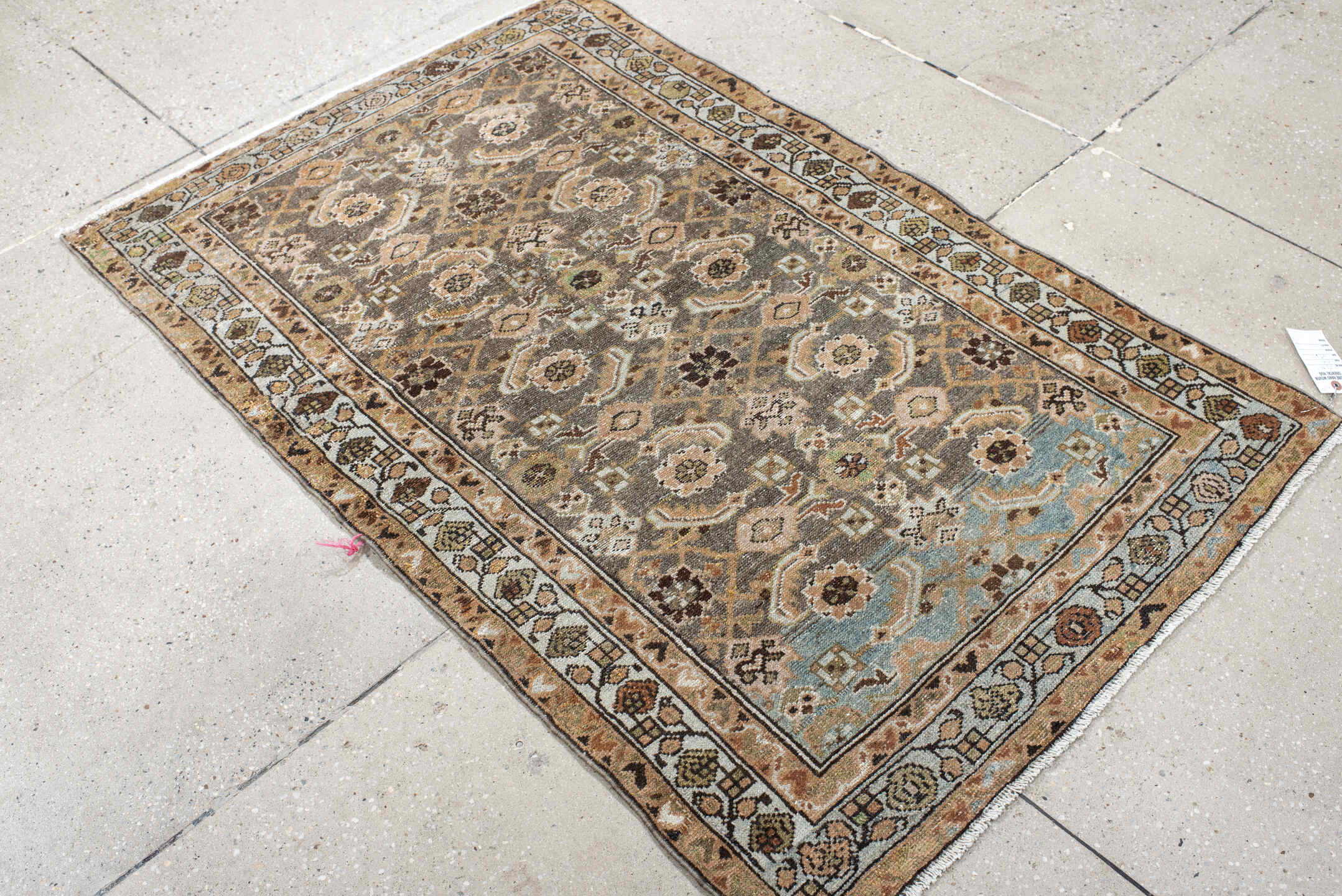 3' x 4' one-of-a-kind handmade vintage Malayer small size rug. Color palette: taupe, camel, ivory, pale_blue, brown, sage