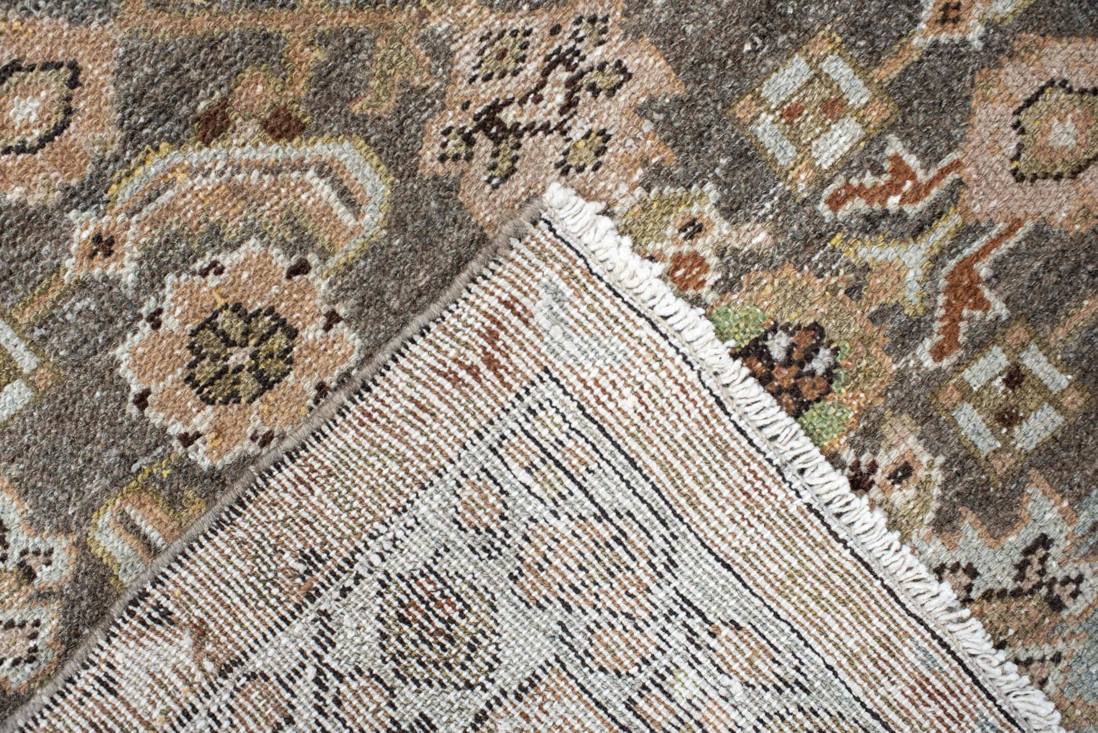 3' x 4' one-of-a-kind handmade vintage Malayer small size rug. Color palette: taupe, camel, ivory, pale_blue, brown, sage