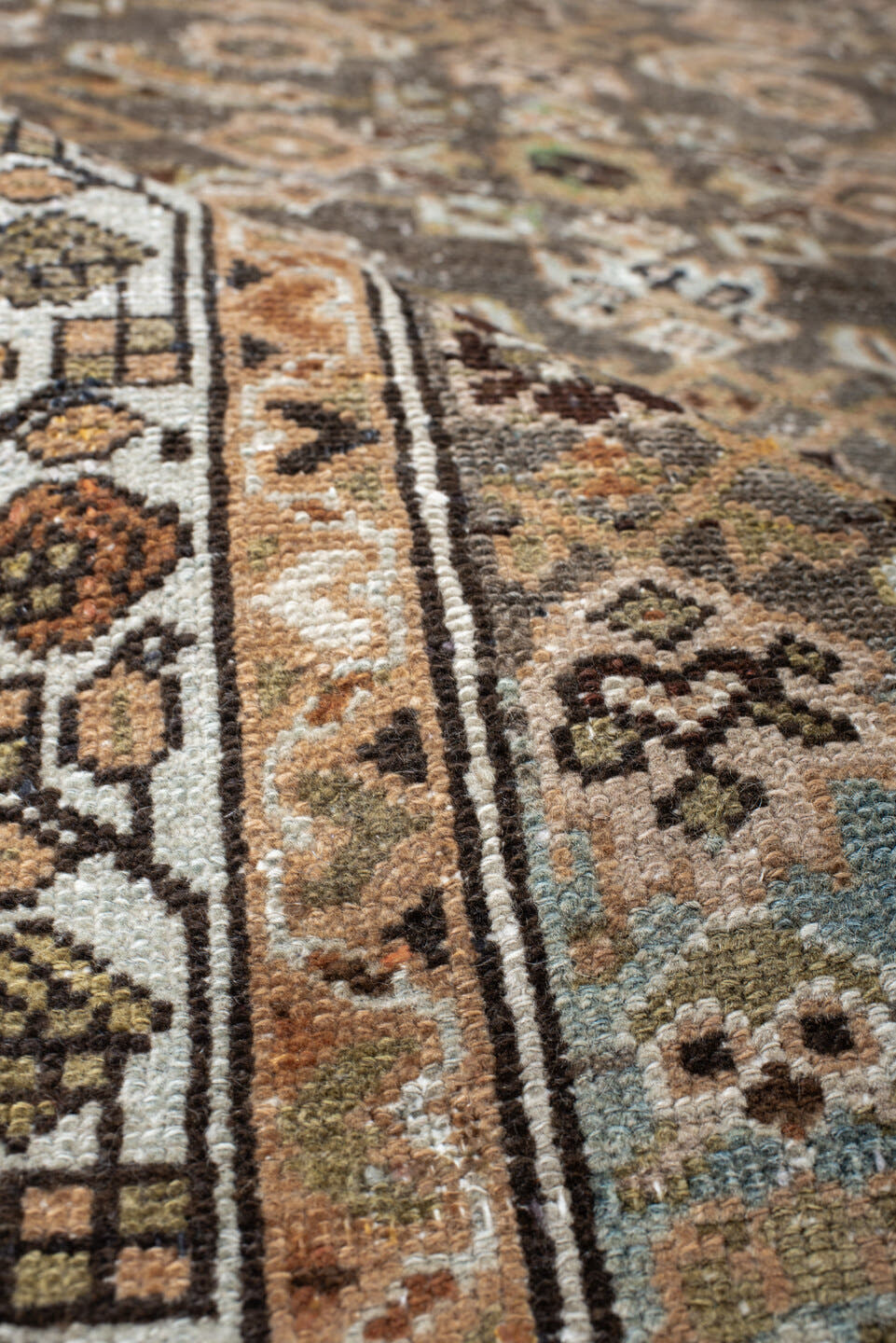 3' x 4' one-of-a-kind handmade vintage Malayer small size rug. Color palette: taupe, camel, ivory, pale_blue, brown, sage