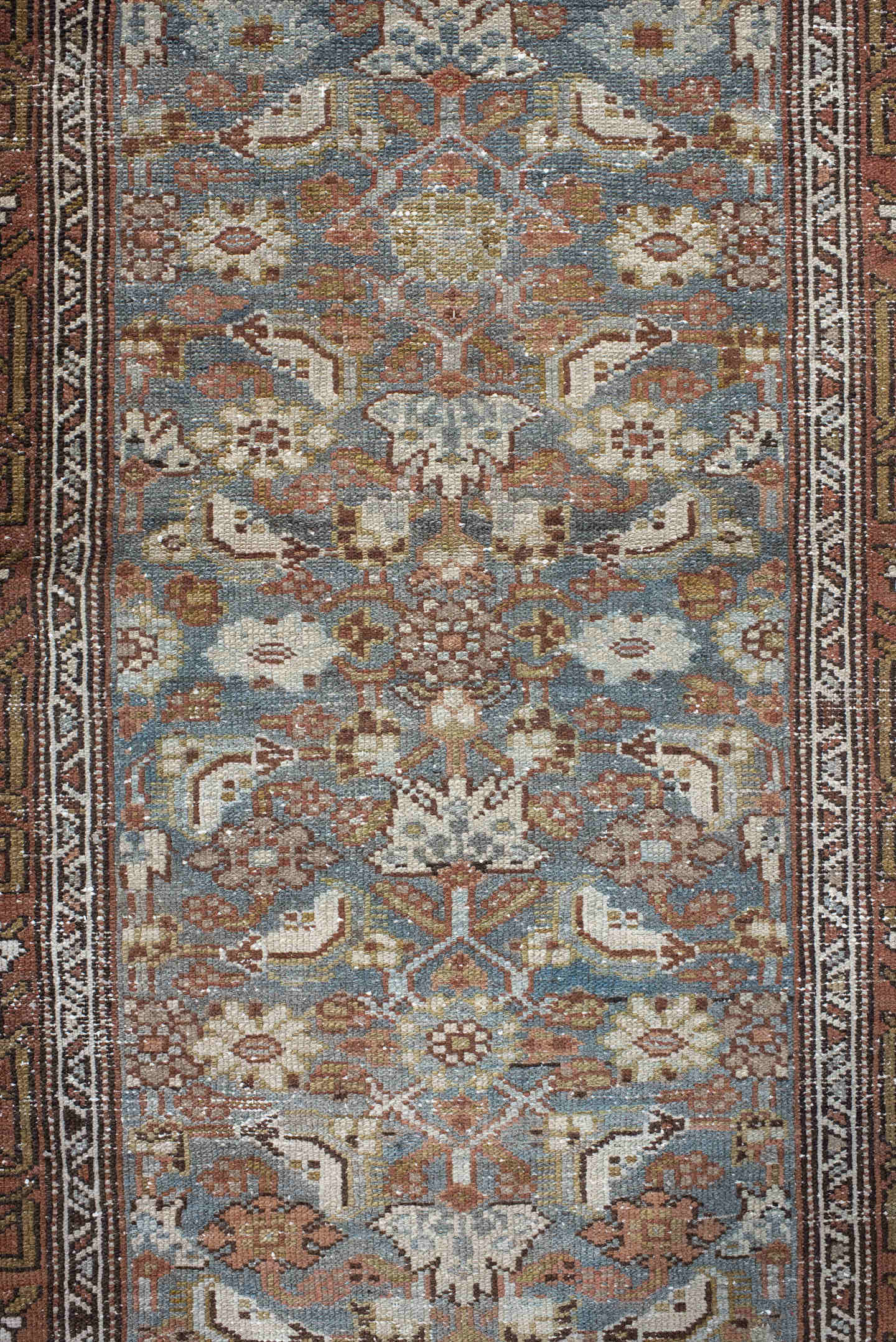 3' x 16' one-of-a-kind handmade vintage Malayer runner rug. Color palette: rust, slate, ivory, taupe, camel, charcoal
