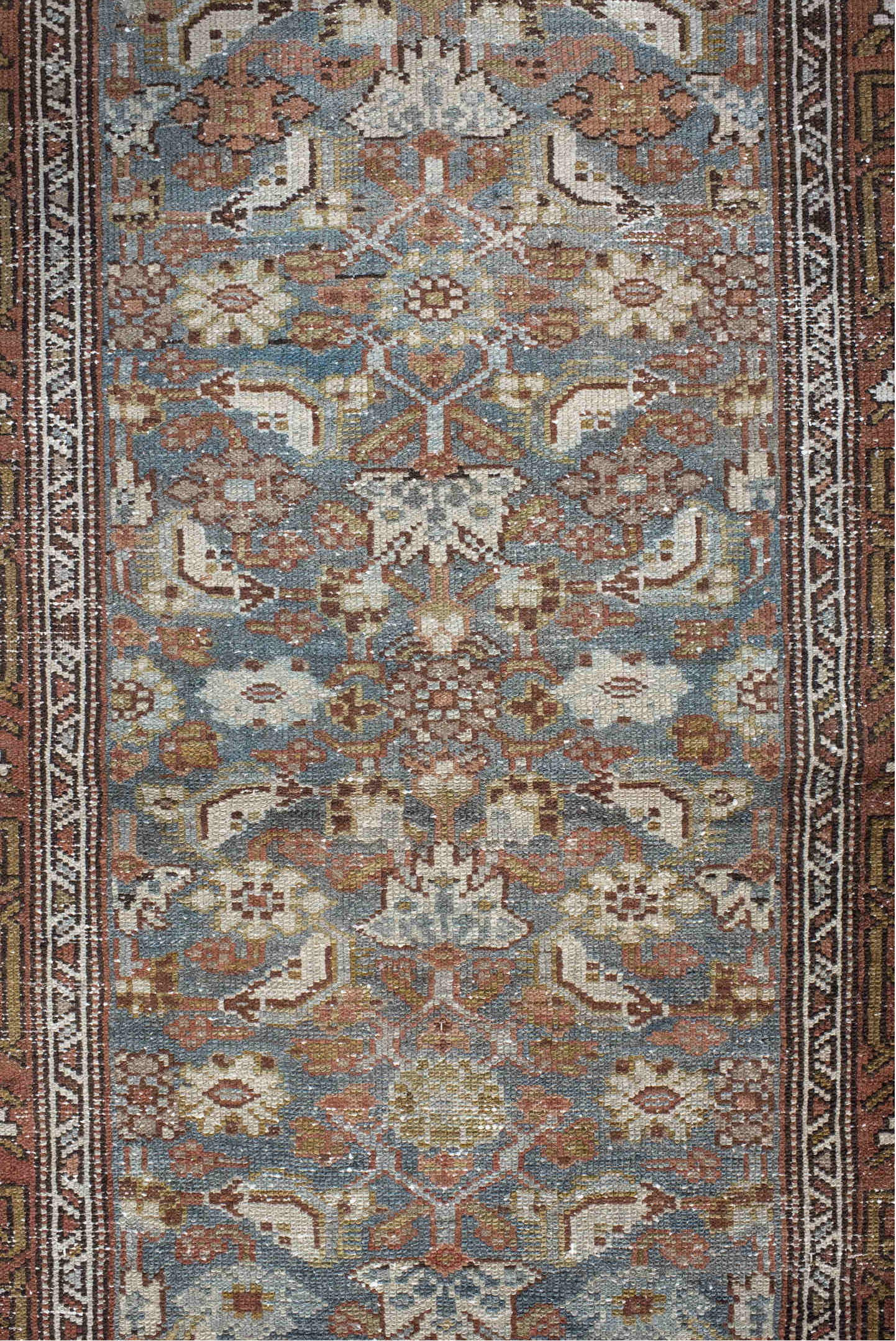 3' x 16' one-of-a-kind handmade vintage Malayer runner rug. Color palette: brown, dark gray, dim gray, gainsboro, gray
