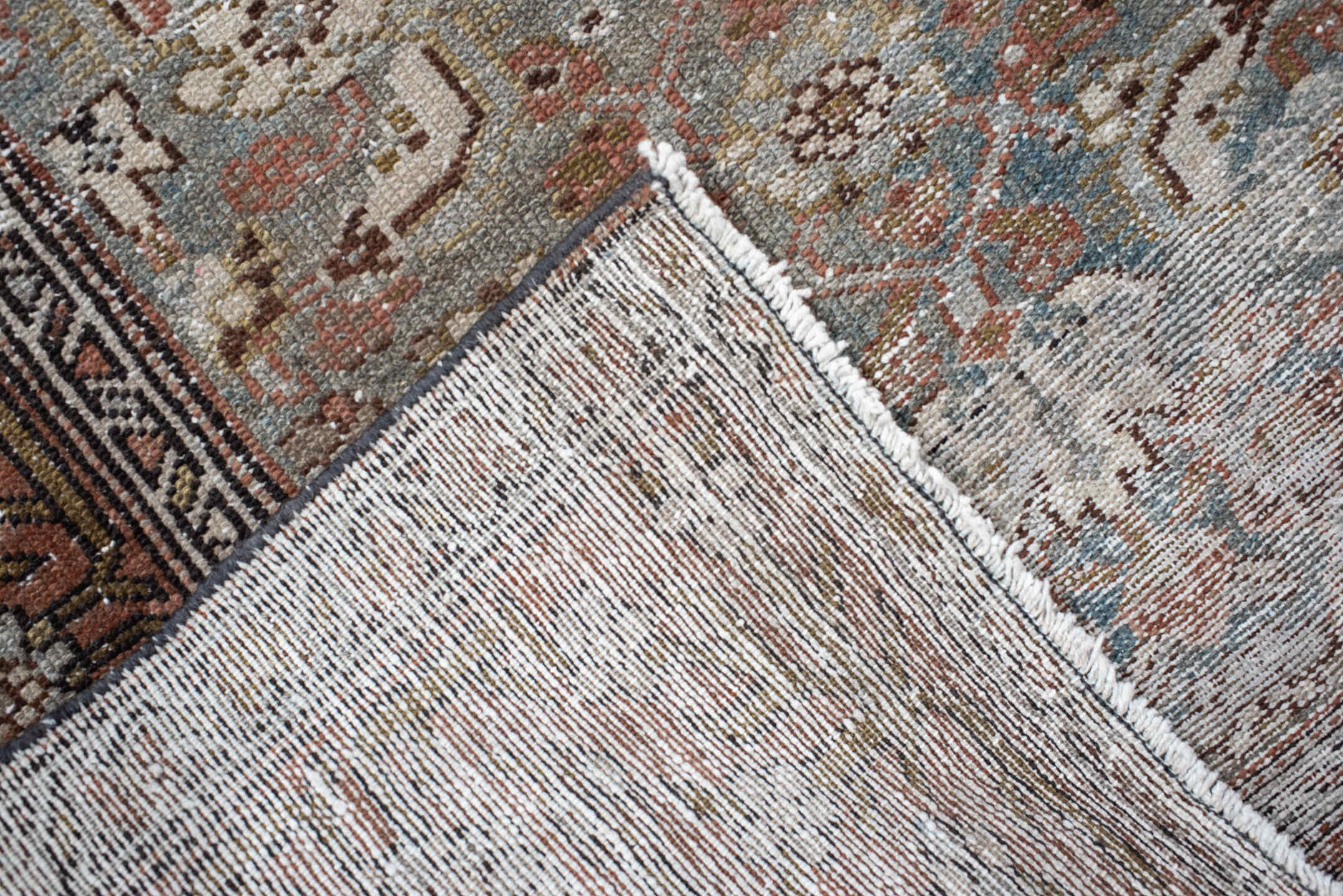 3' x 16' one-of-a-kind handmade vintage Malayer runner rug. Color palette: rust, slate, ivory, taupe, camel, charcoal