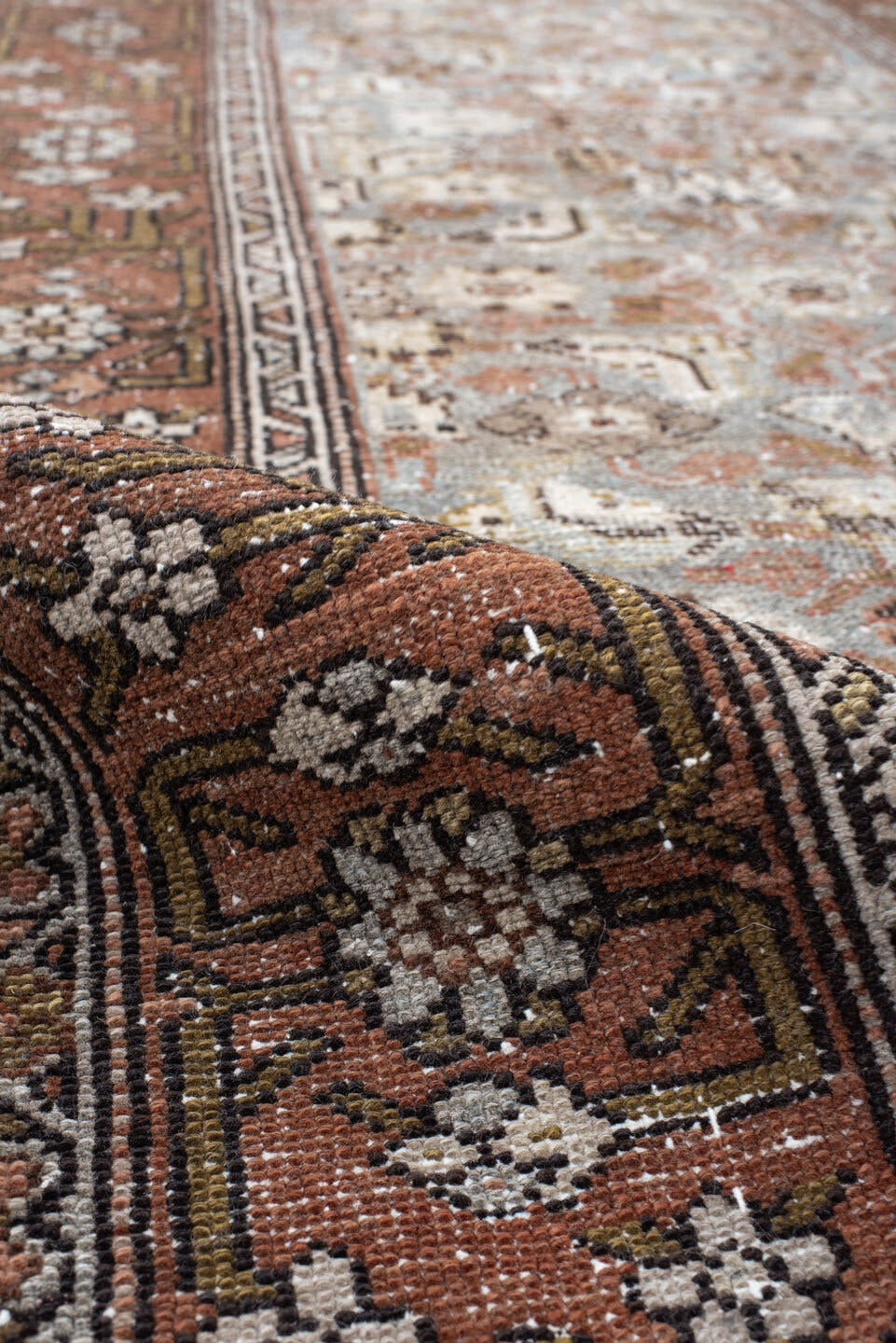 3' x 16' one-of-a-kind handmade vintage Malayer runner rug. Color palette: rust, slate, ivory, taupe, camel, charcoal