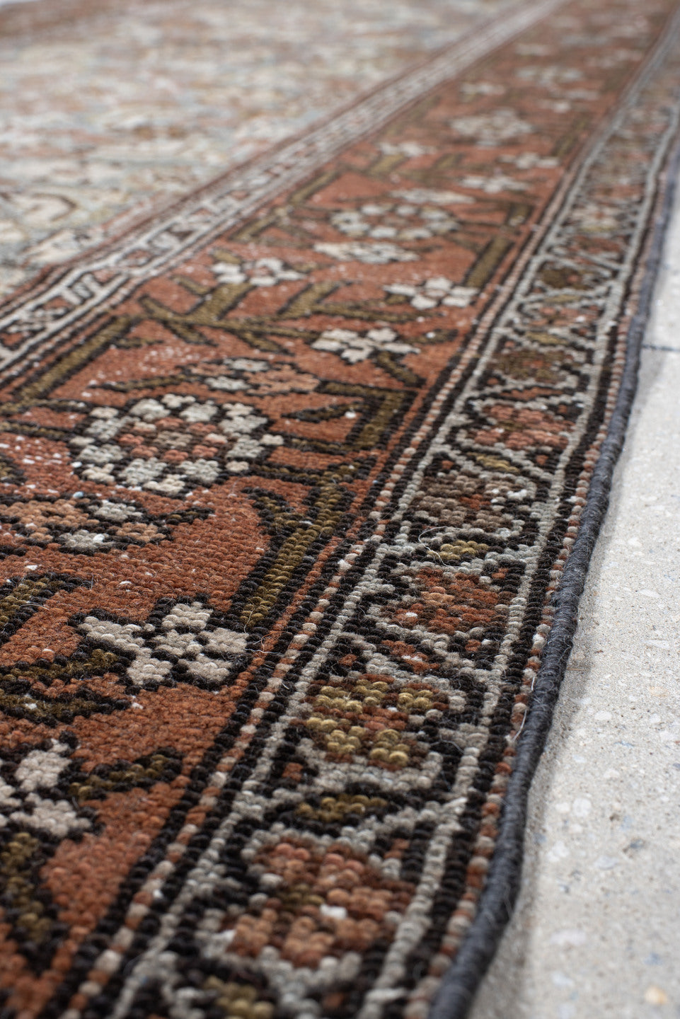 3' x 16' one-of-a-kind handmade vintage Malayer runner rug. Color palette: rust, slate, ivory, taupe, camel, charcoal